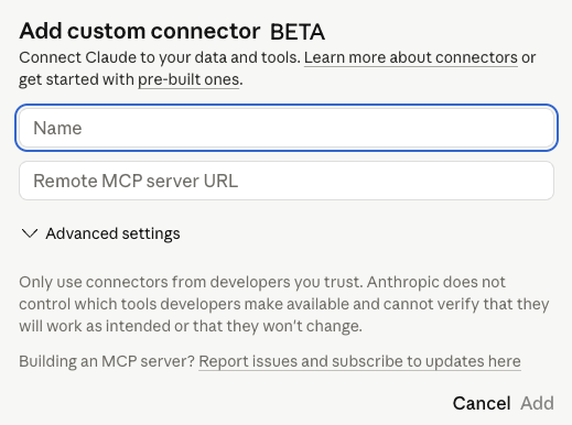 Claude add custom connector dialogue