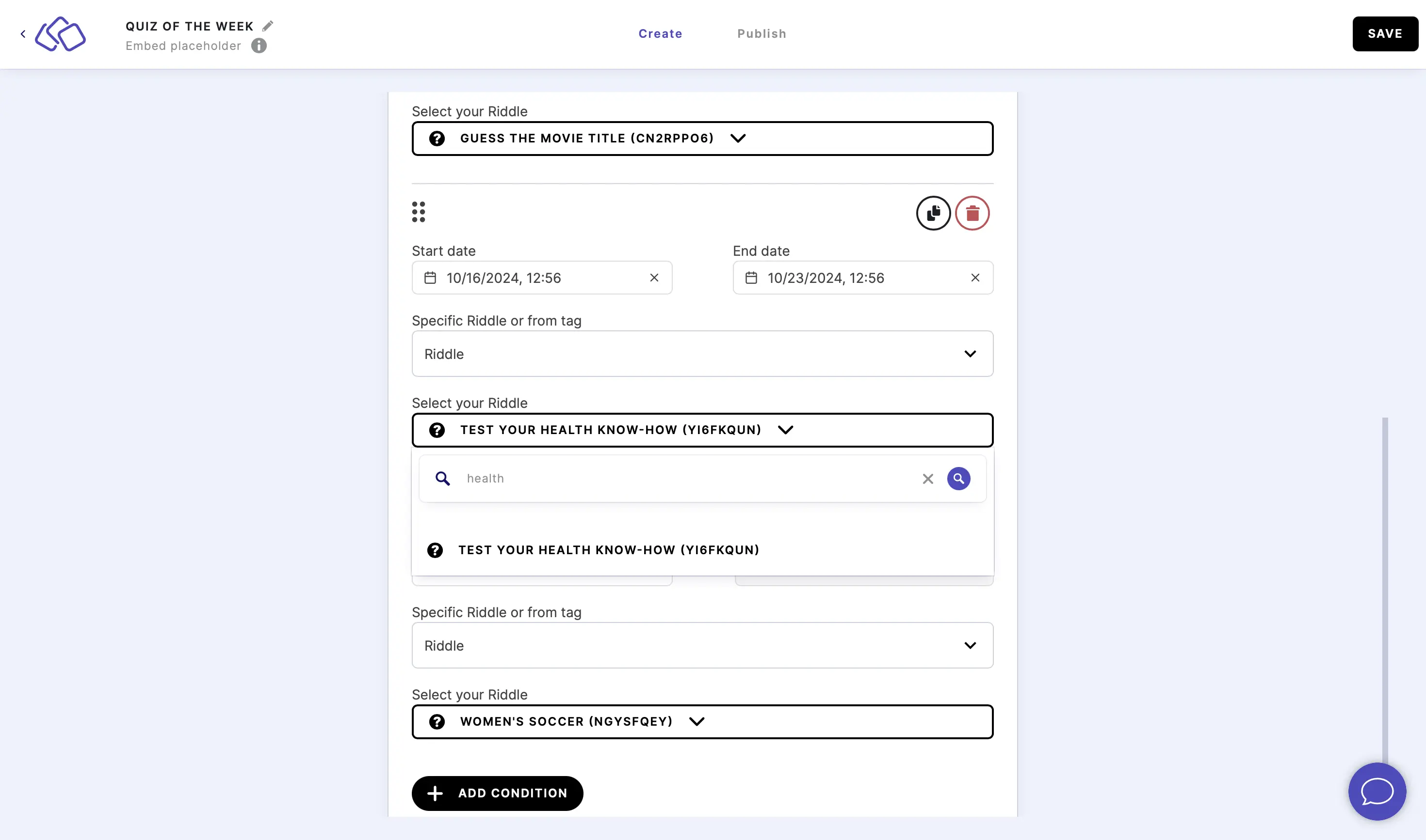 use search for placeholder condition Riddle if necessary