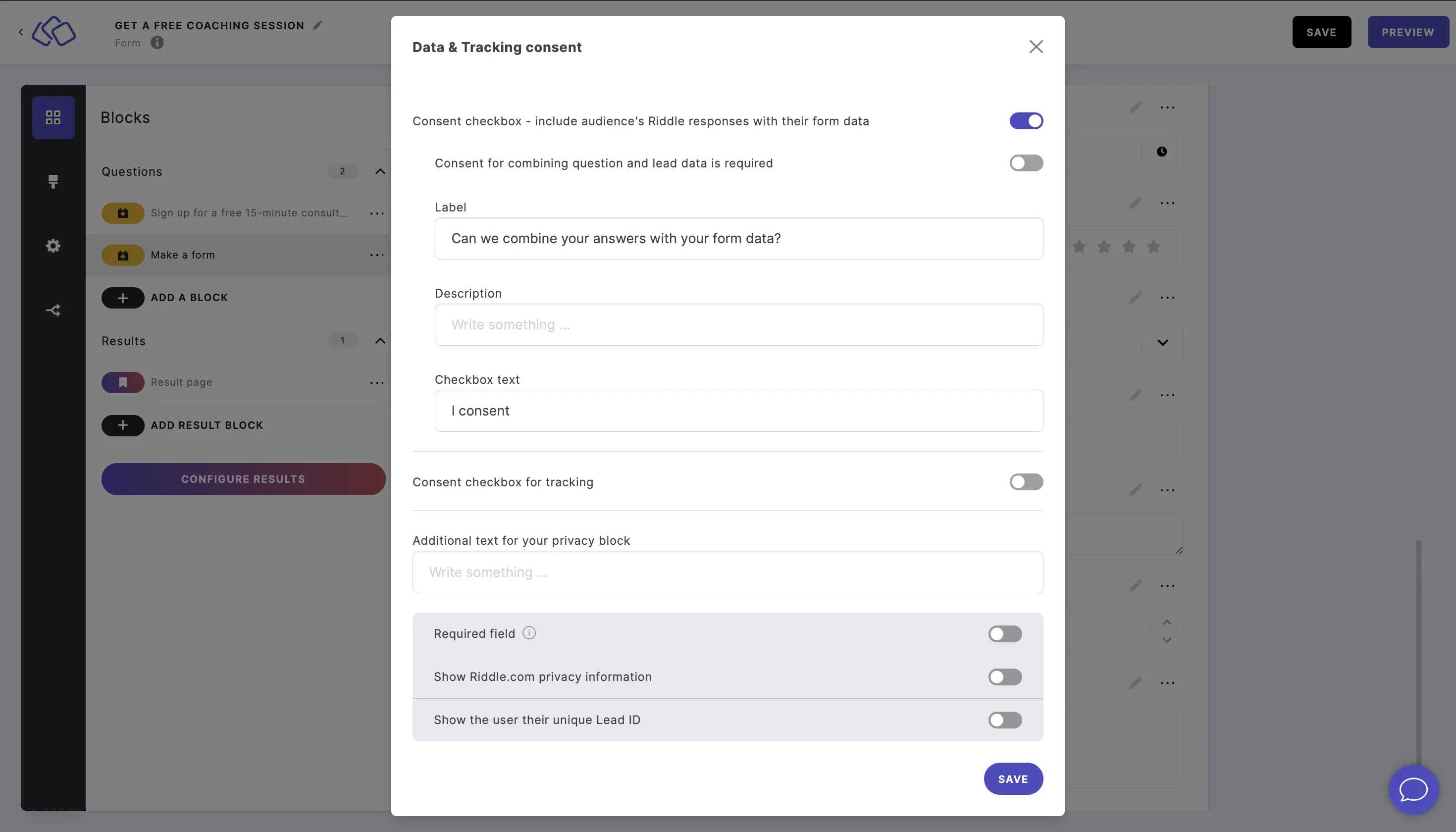 edit in-form data and tracking consent block