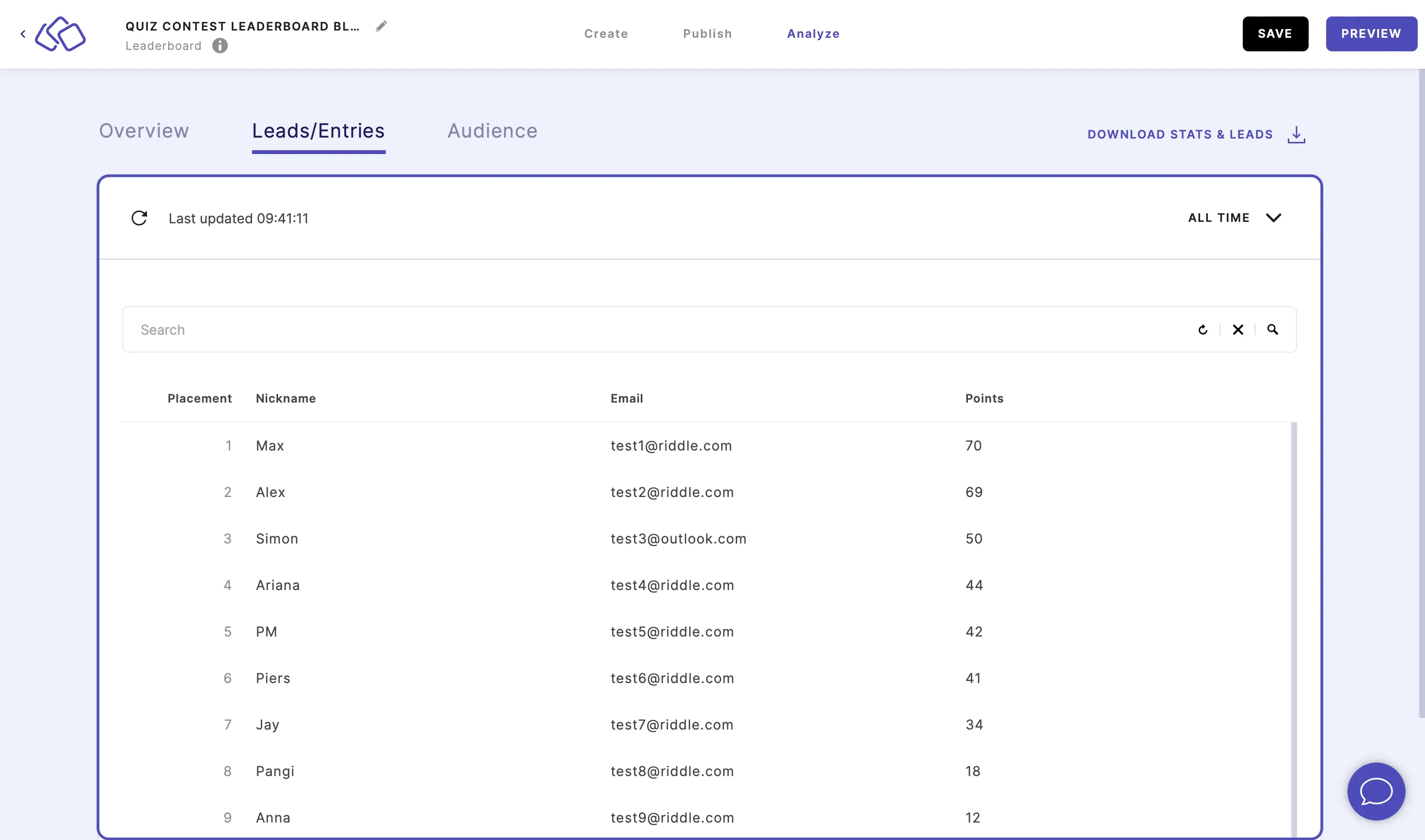 view all entries in the leaderboard as a table