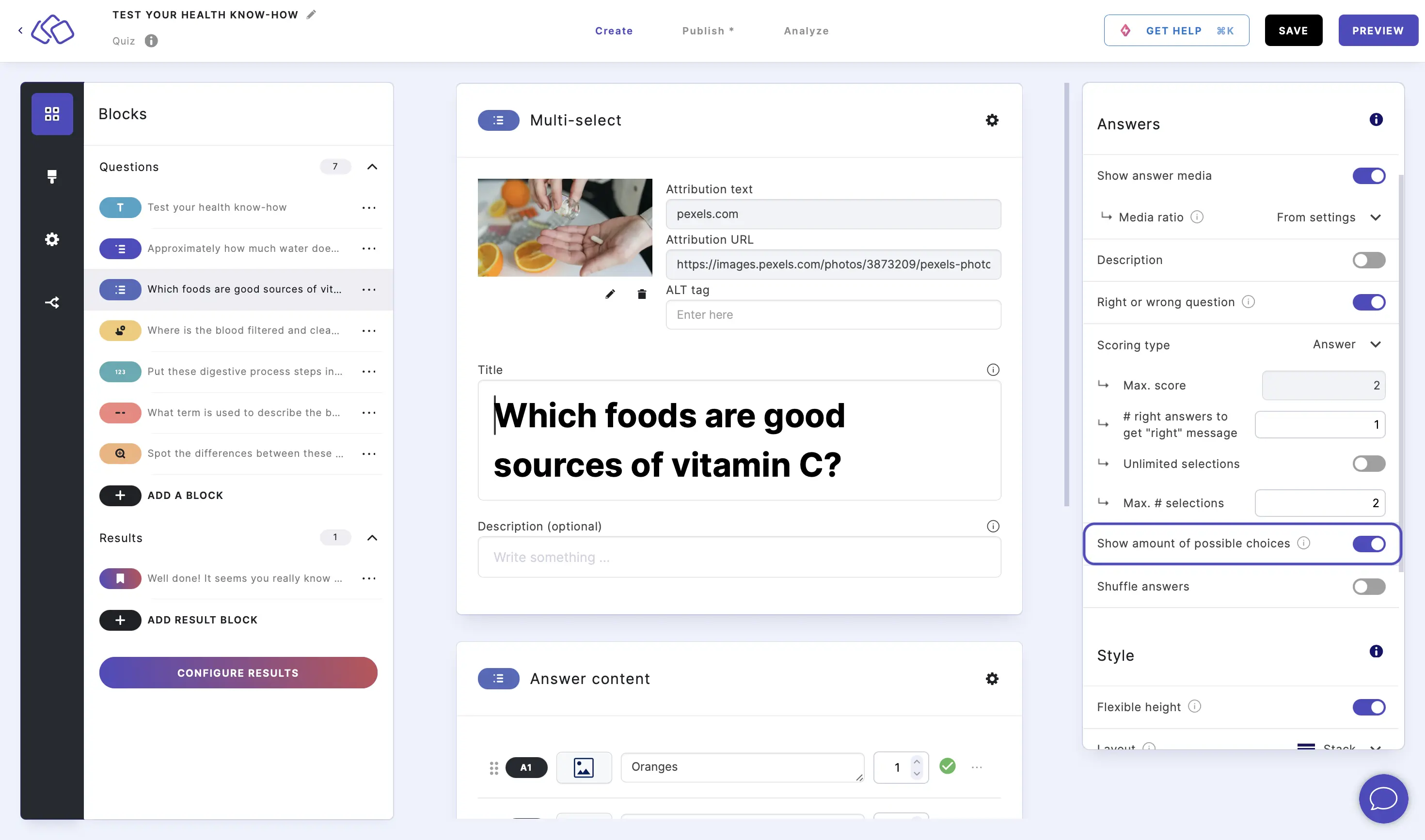 quiz multi-select amount of choices