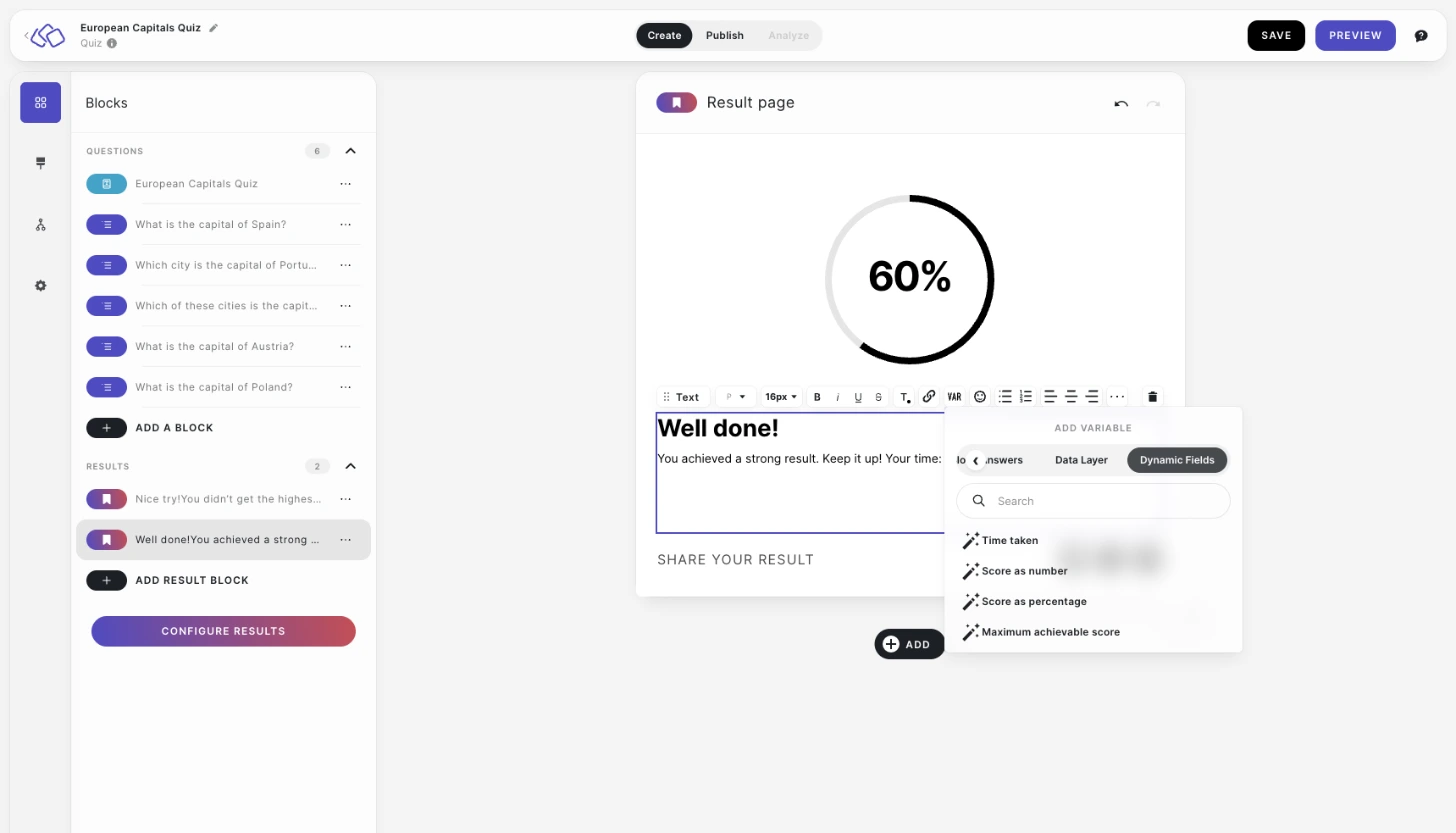 select a dynamic field on the result page