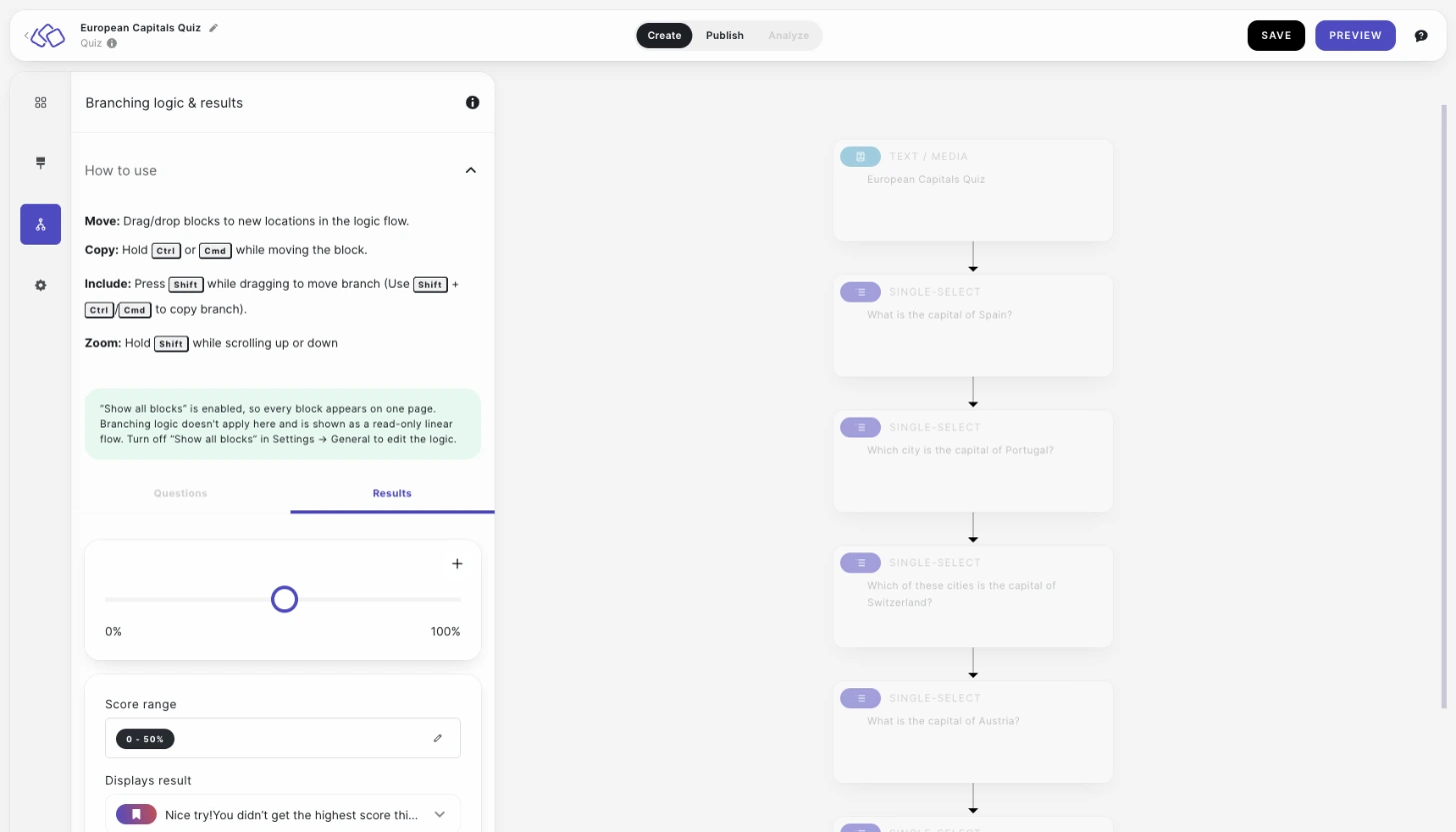branching logic notice with show all questions at once