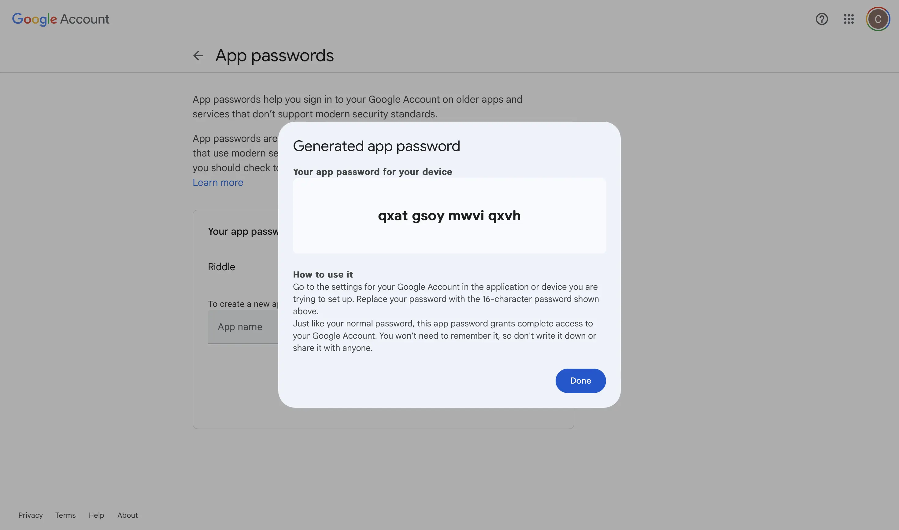 copy google generated password
