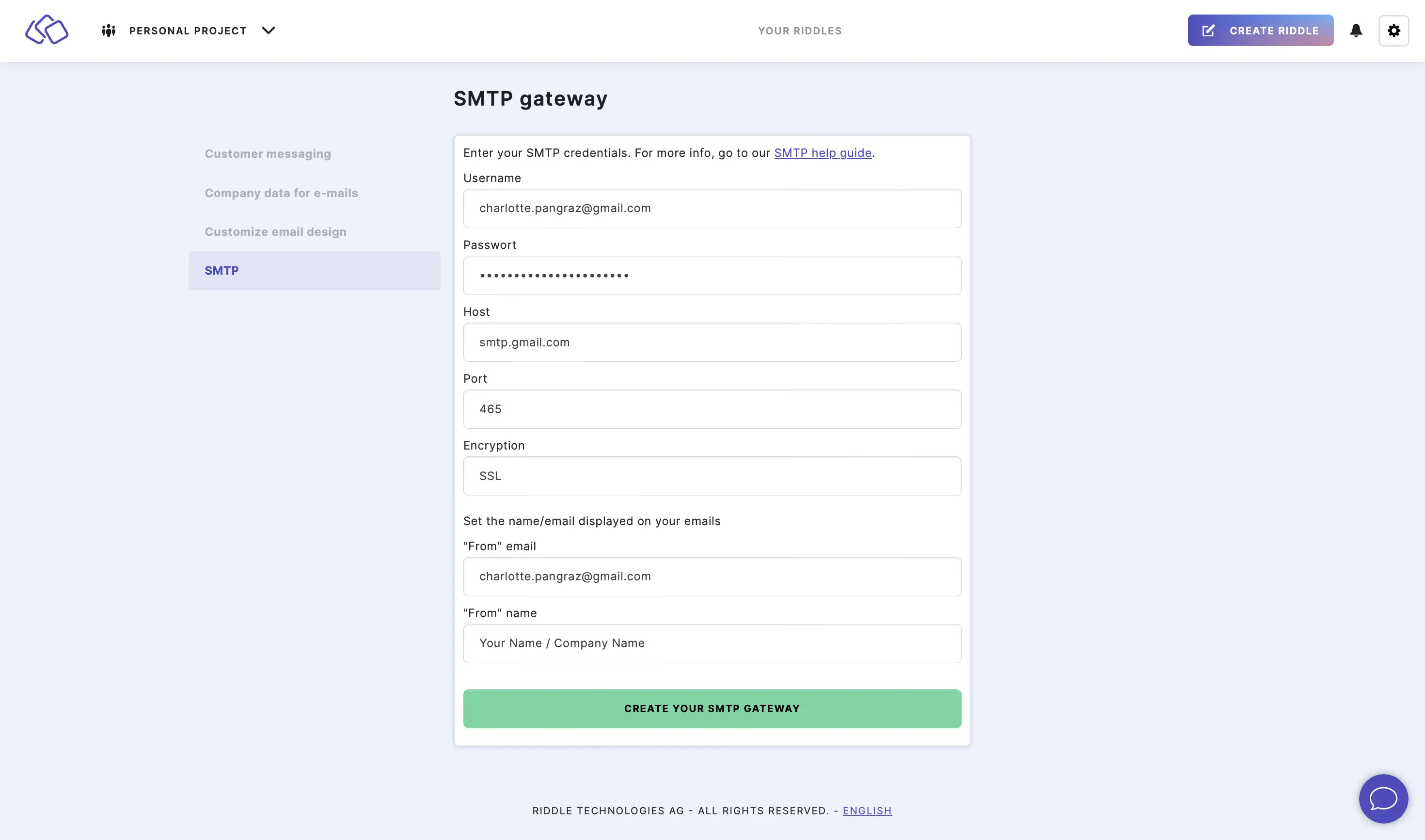 create your gmail smtp gateway