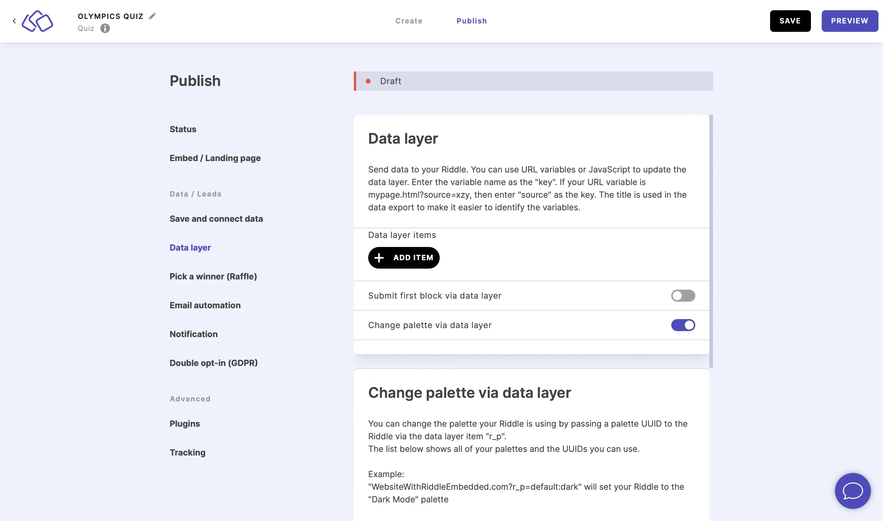 enable change palette via data layer