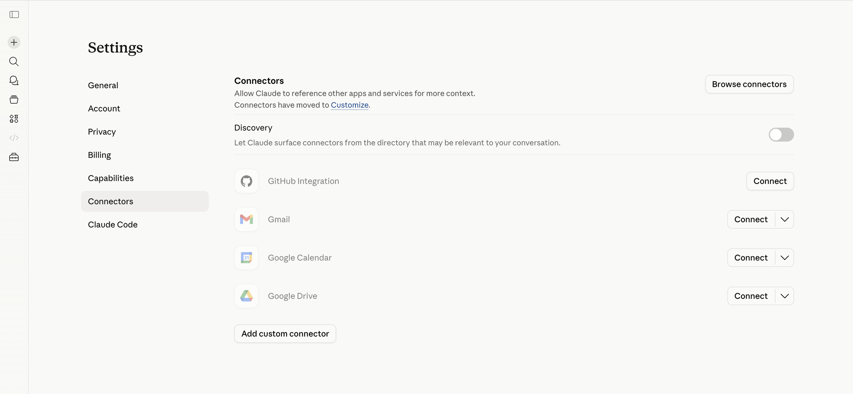 Claude Connectors settings page
