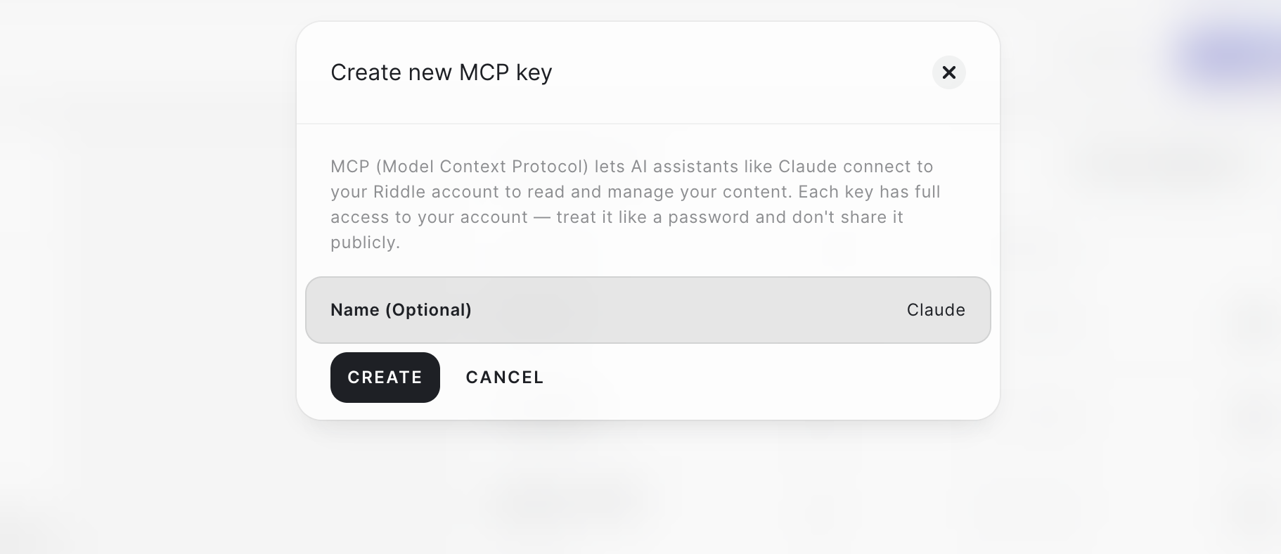 Create new MCP key dialog