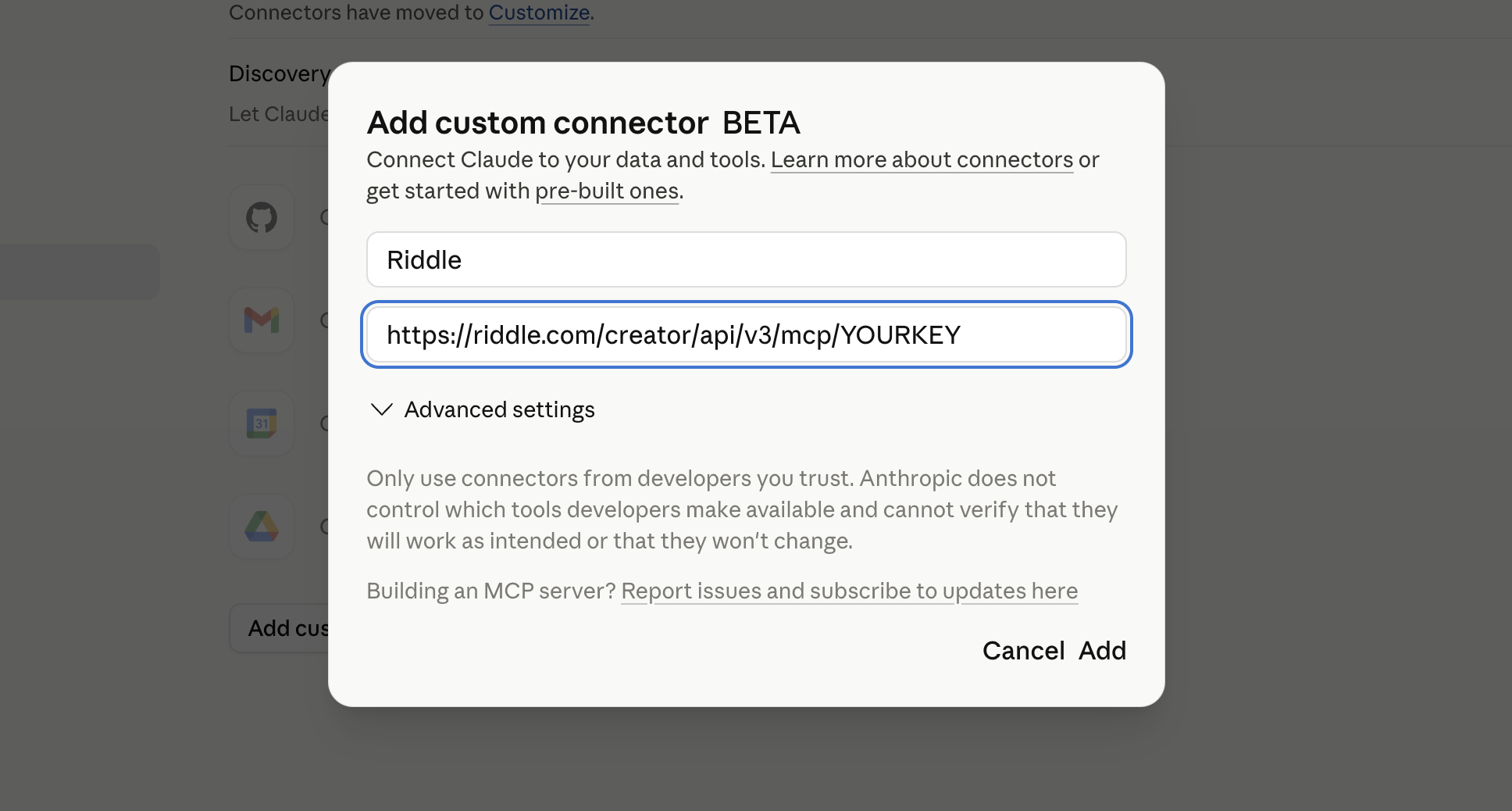 Add custom connector dialog
