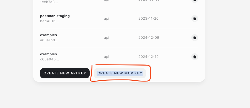Riddle API/MCP keys page