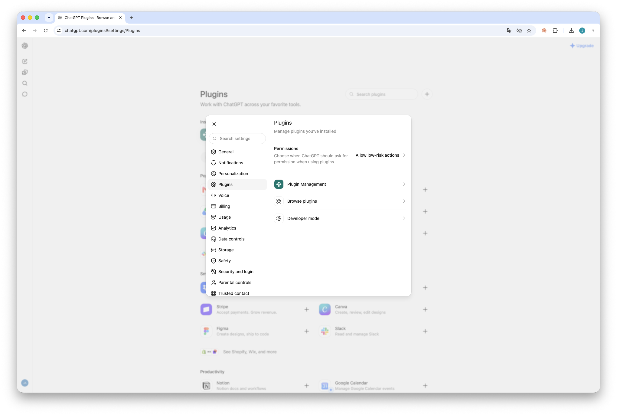 ChatGPT settings with the Plugins section and Developer mode