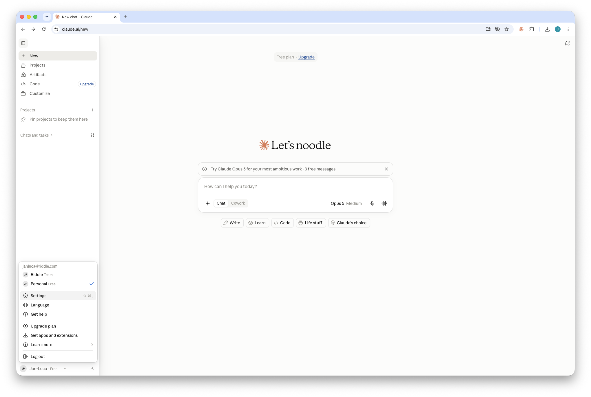 Claude account menu with Settings