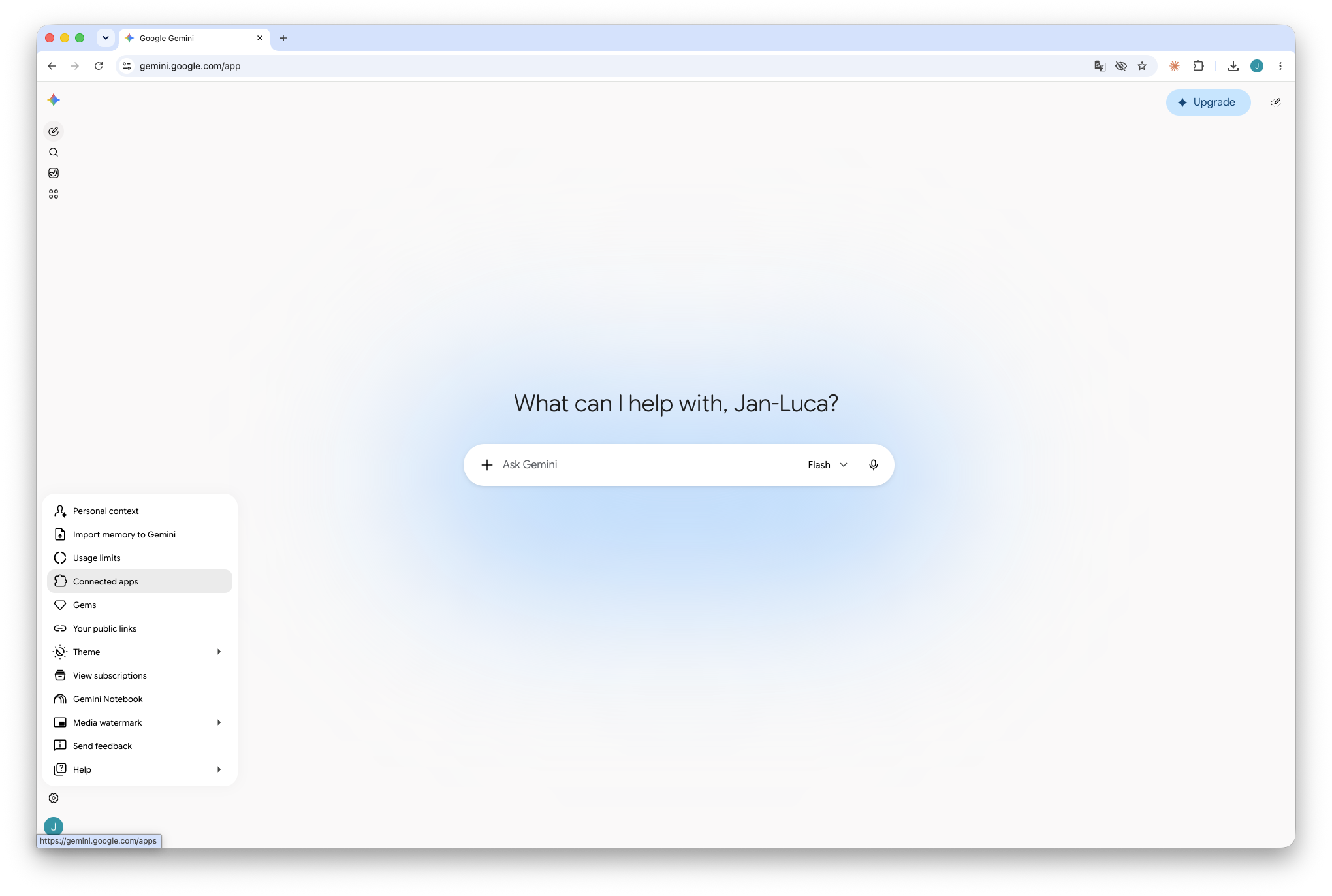 Gemini settings menu with Connected apps