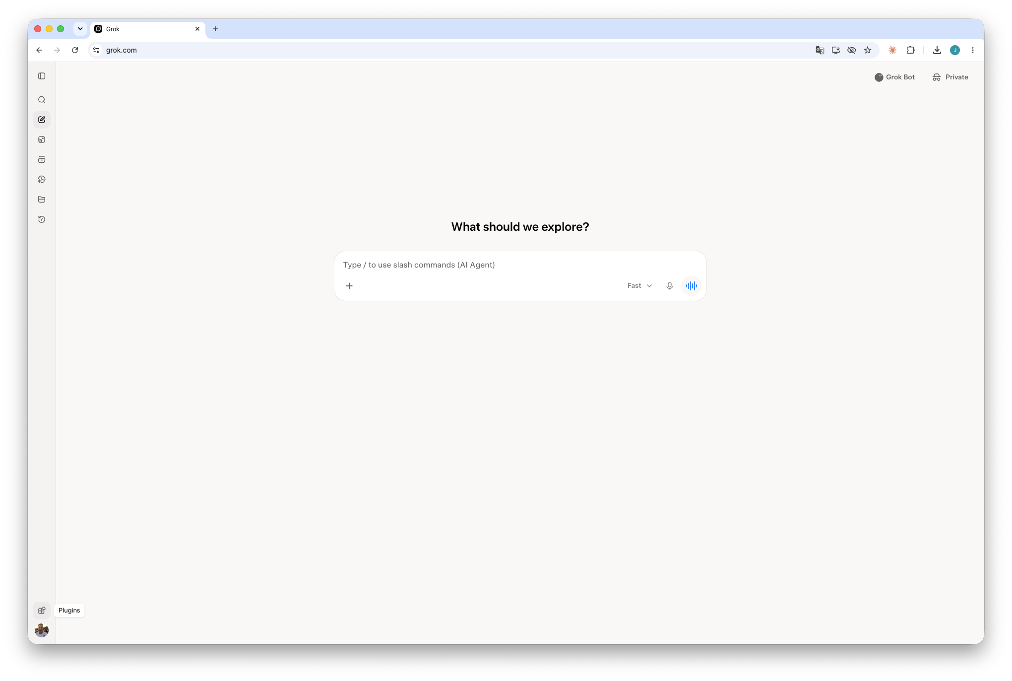 Grok sidebar with the Plugins button