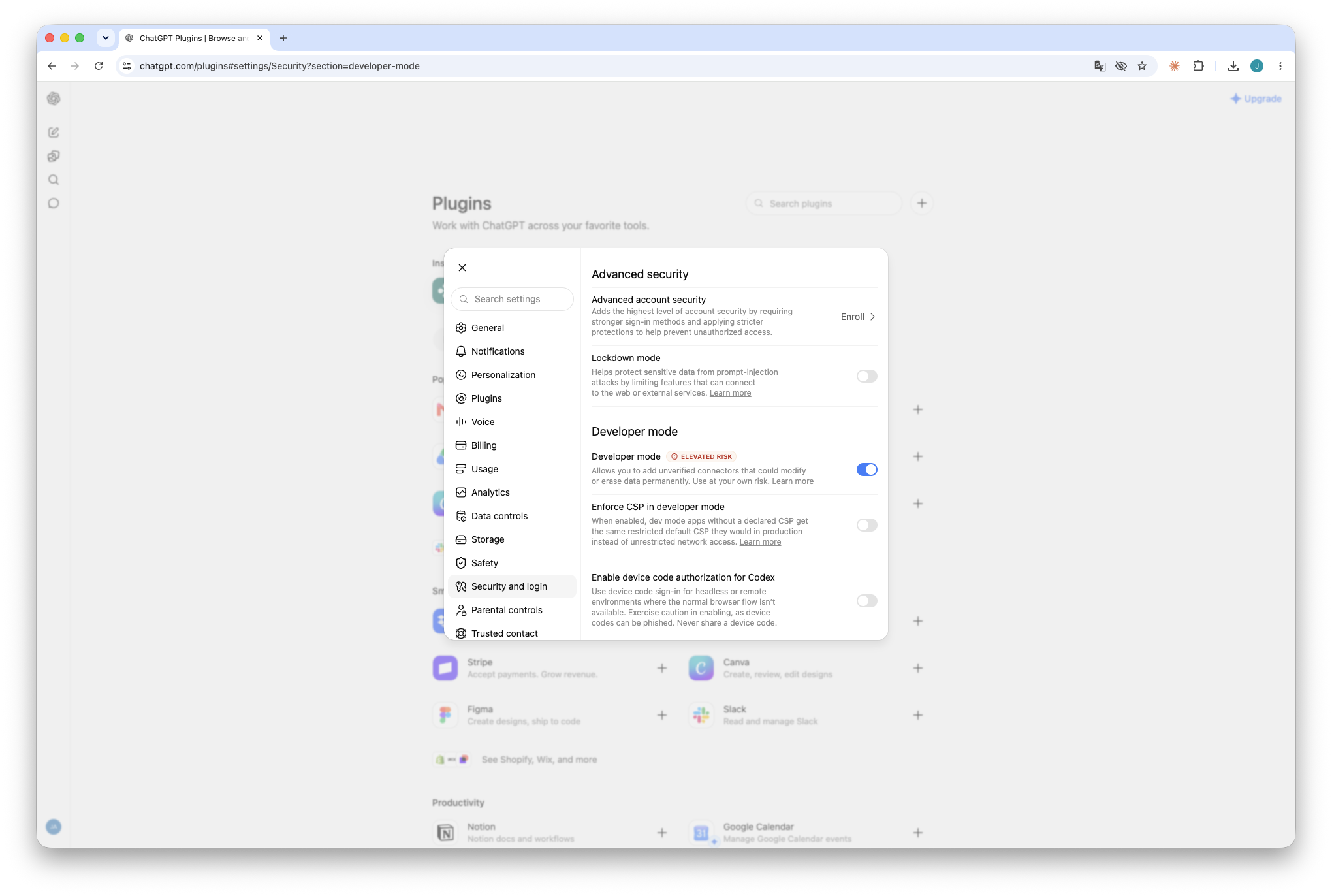 ChatGPT Developer mode toggle turned on