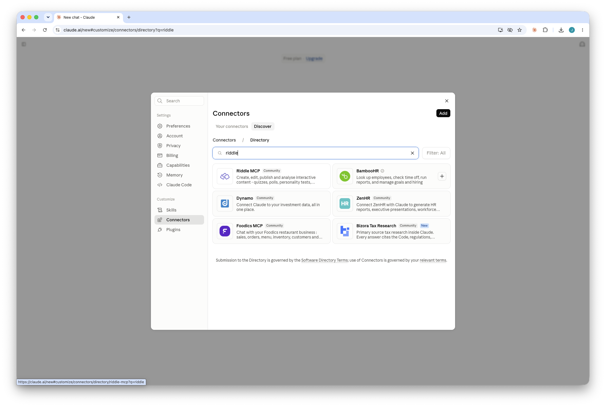 Claude connector directory with the Riddle MCP search result