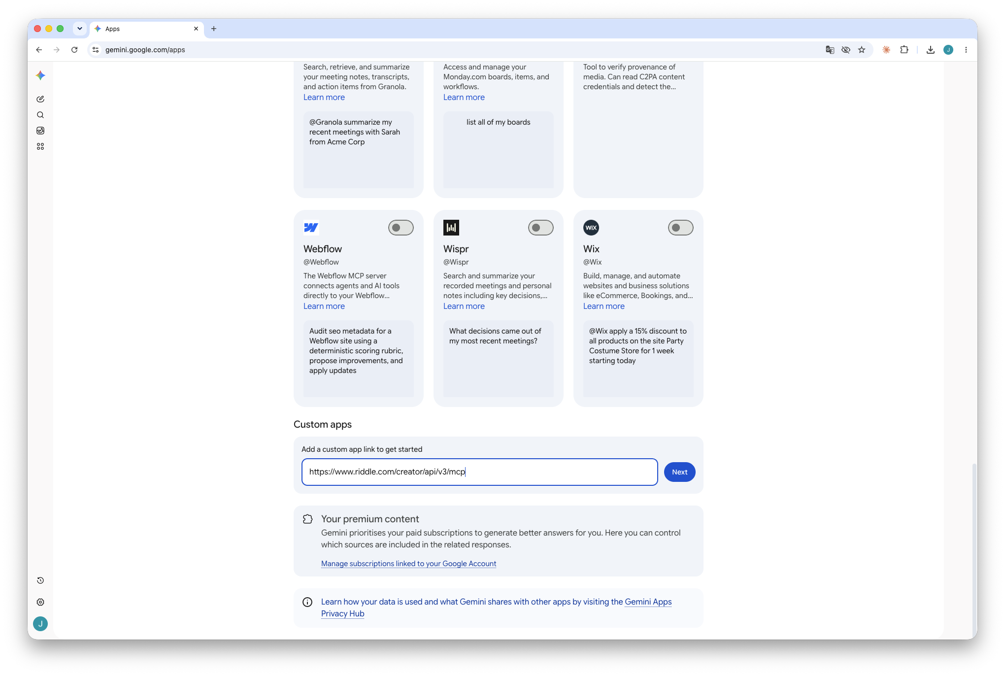 Gemini Custom apps section with the Riddle MCP URL