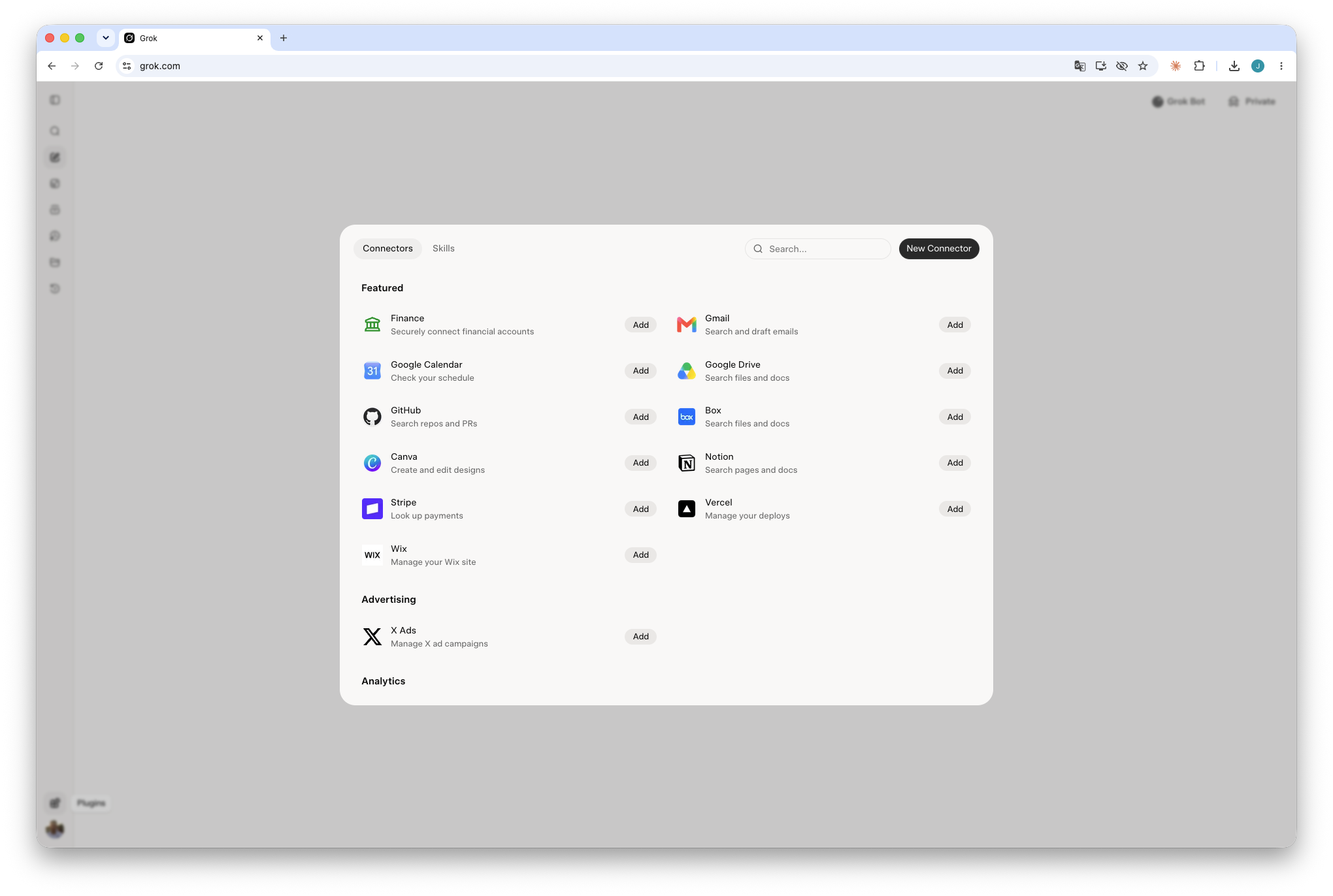 Grok connectors page with the New Connector button