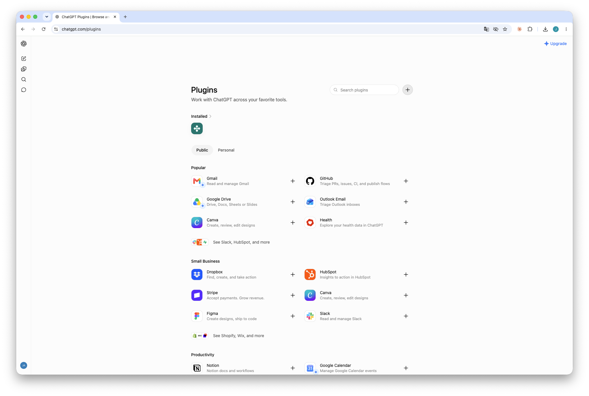 ChatGPT Plugins page with the plus button