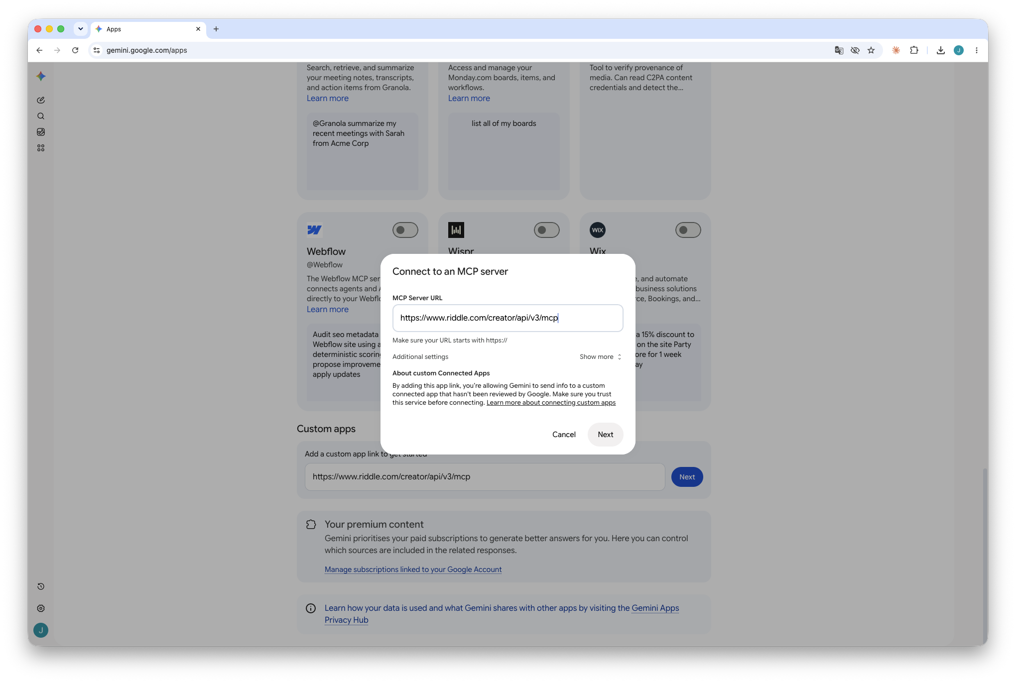 Gemini Connect to an MCP server dialog