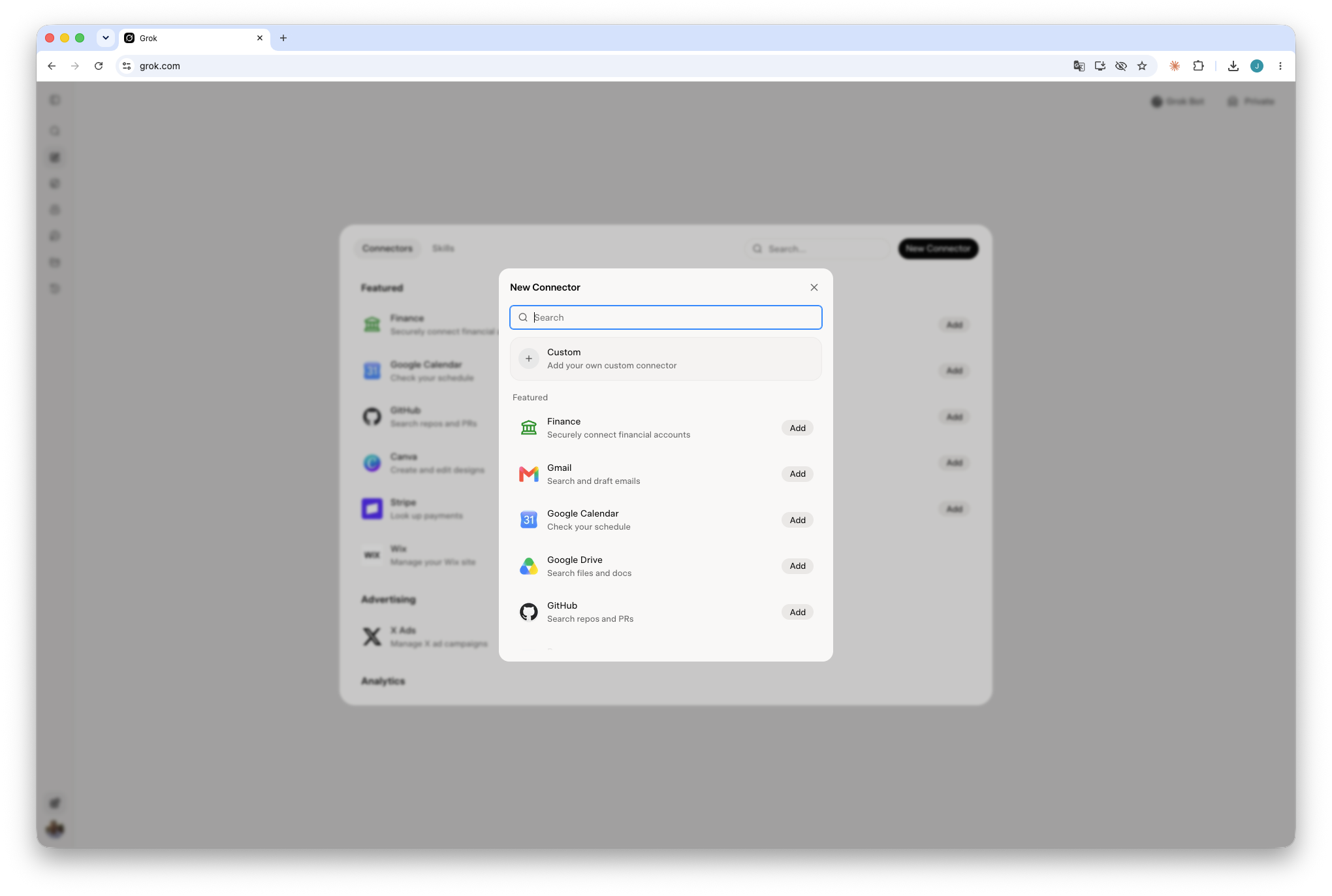 Grok New Connector dialog with the Custom option