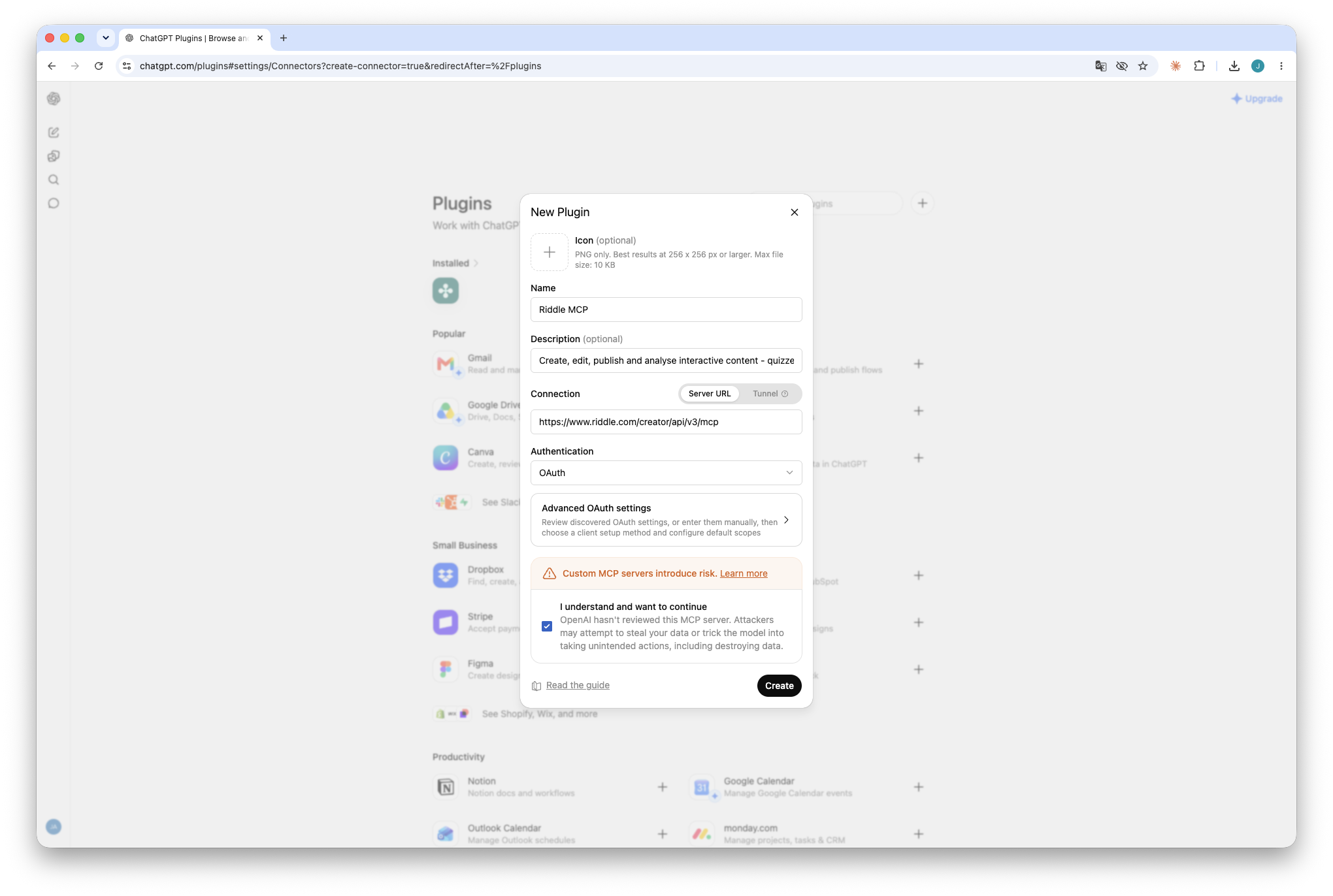 ChatGPT New Plugin dialog with the Riddle MCP settings