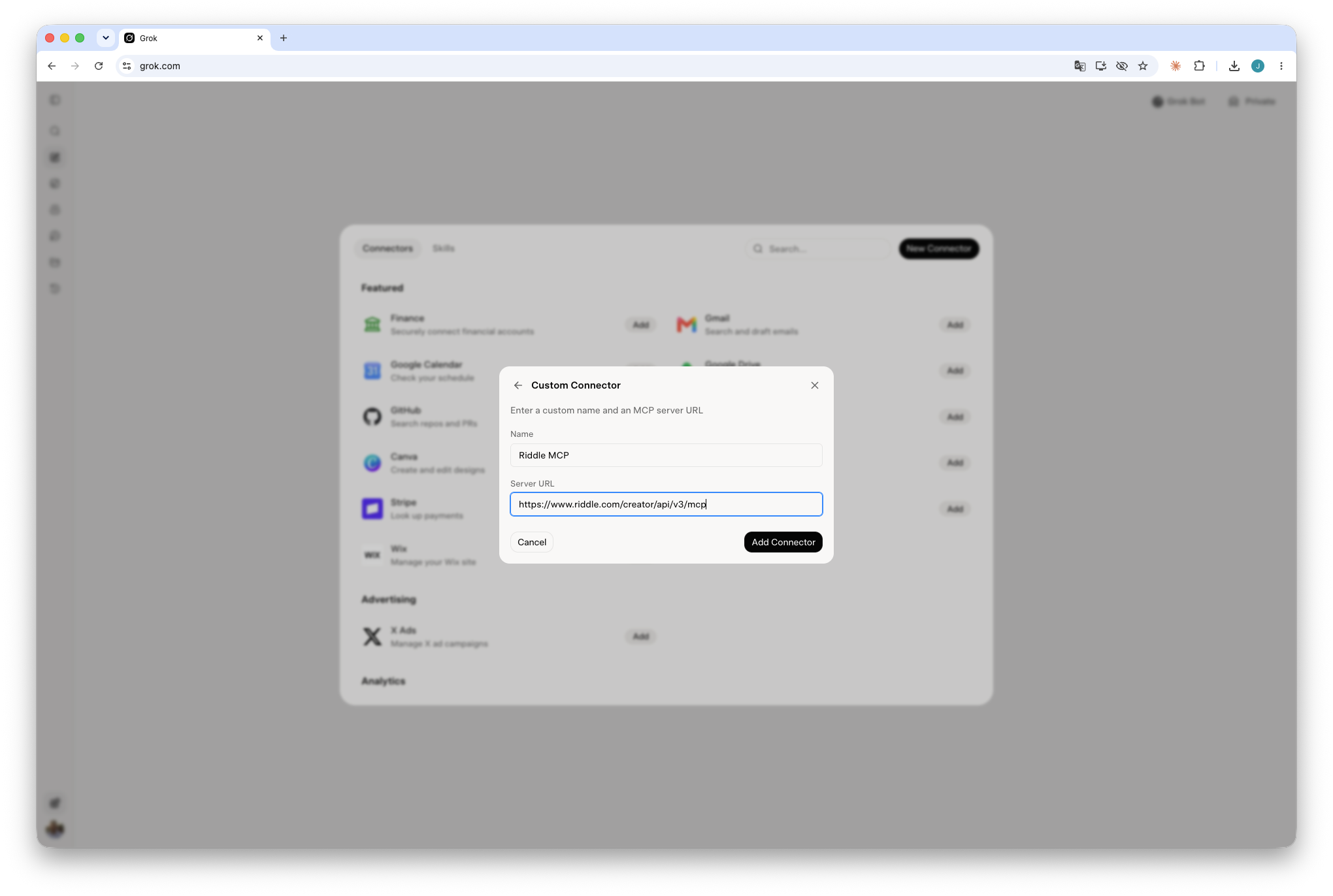 Grok Custom Connector form with name and server URL