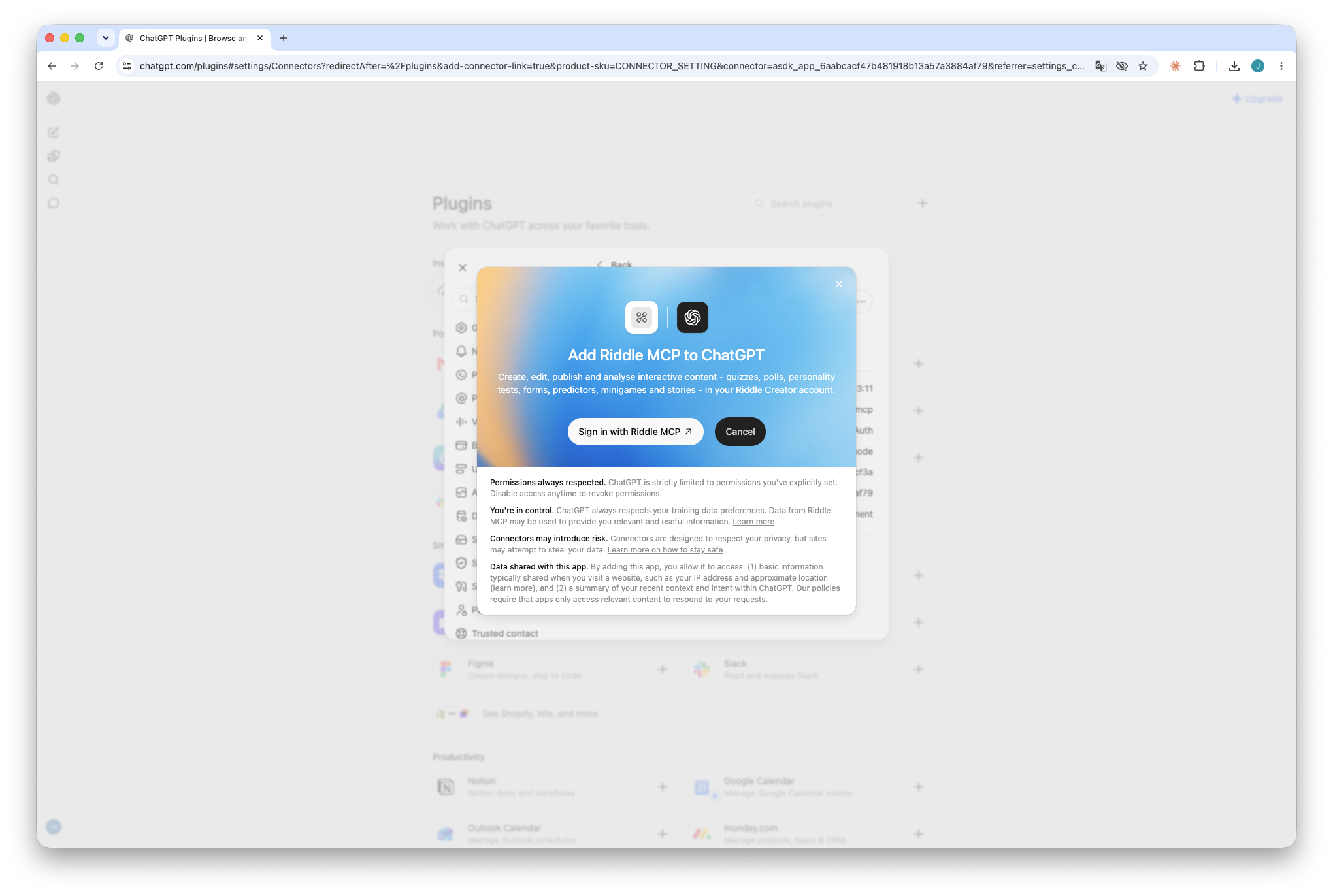 Add Riddle MCP to ChatGPT dialog with the sign-in button