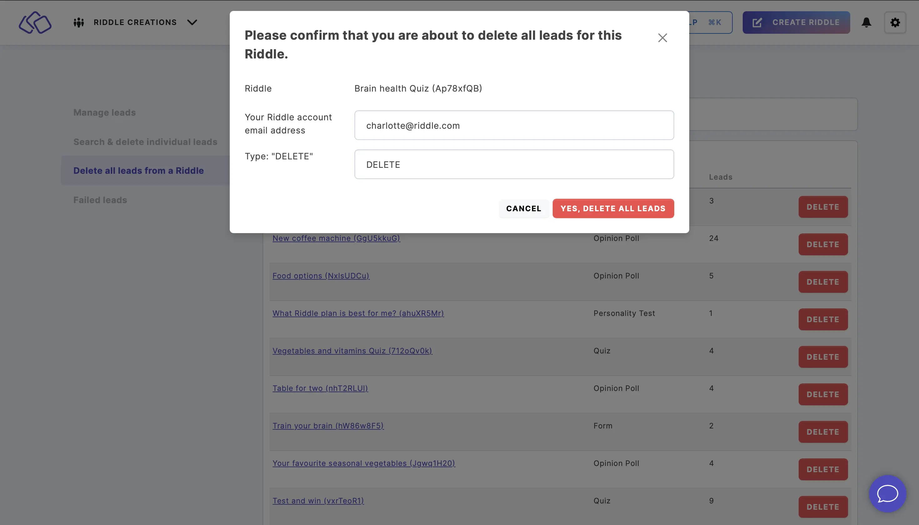 confirm deleting all leads from Riddle