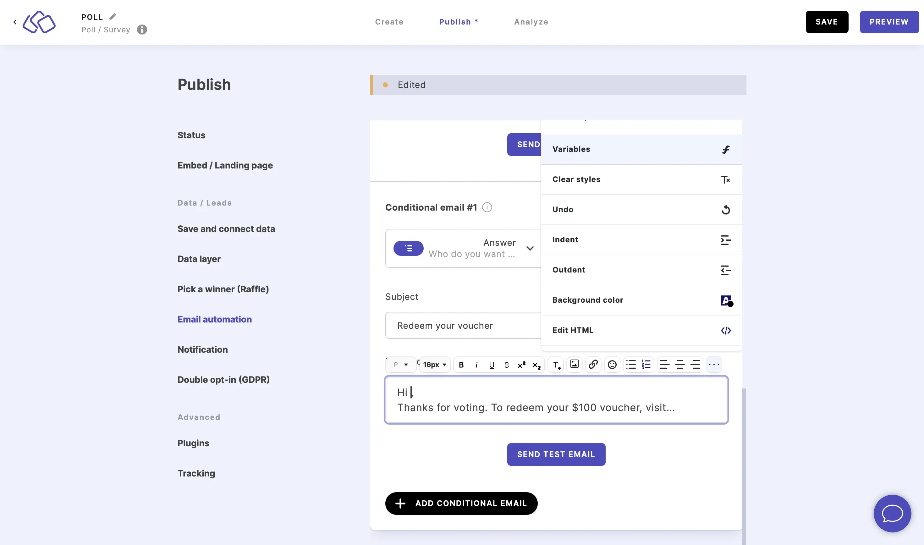 go to variables for email automation