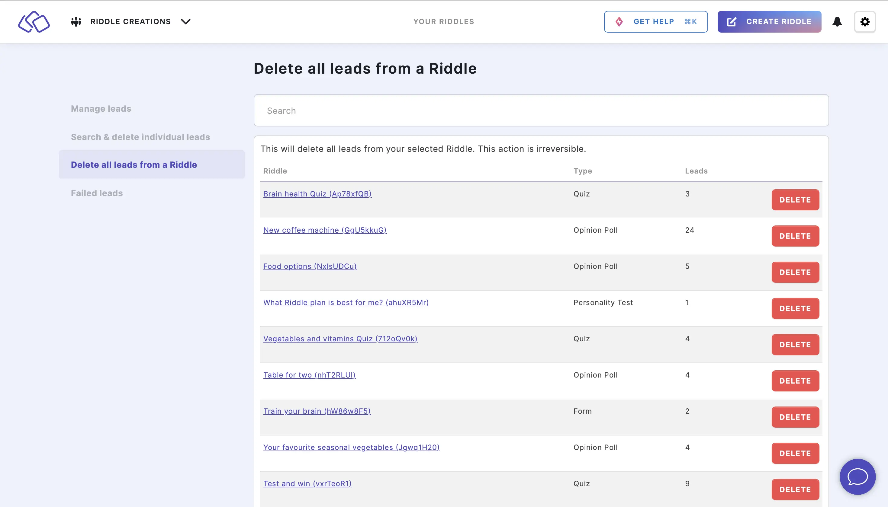 delete individual all leads from a Riddle