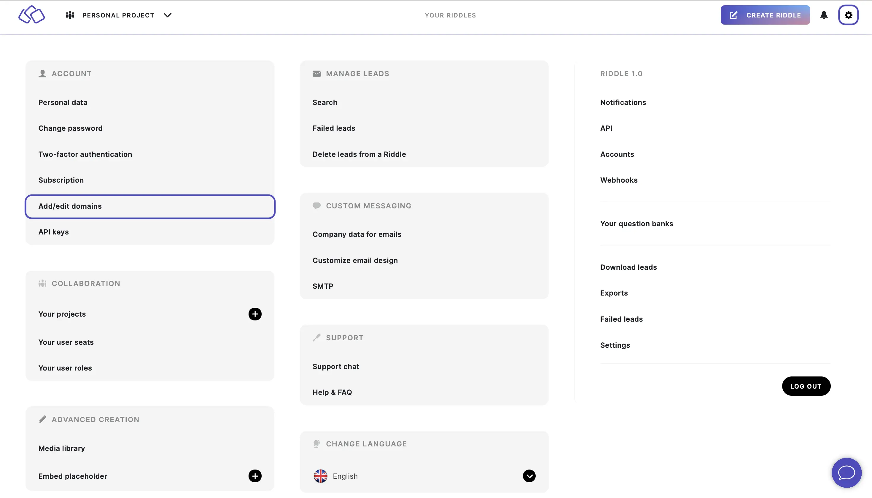 go to mega menu add domains