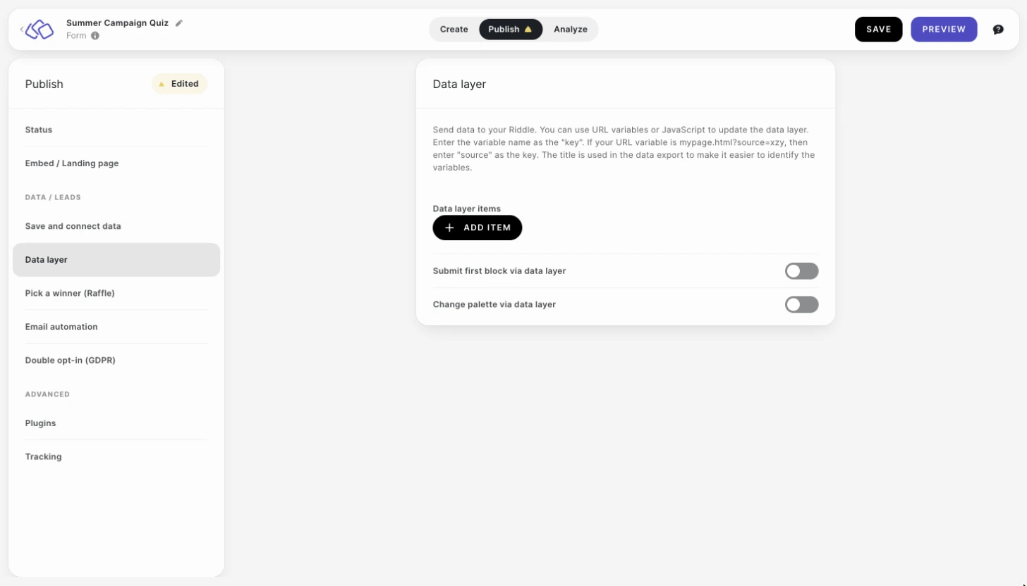 data layer tab in the publish section