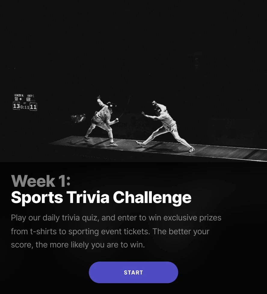 A cover page for a sports trivia quiz with an image of fencing and a Start button