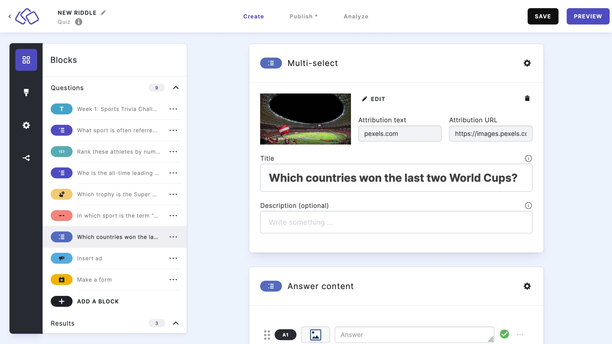 Interface showing a Sports Trivia Riddle being created