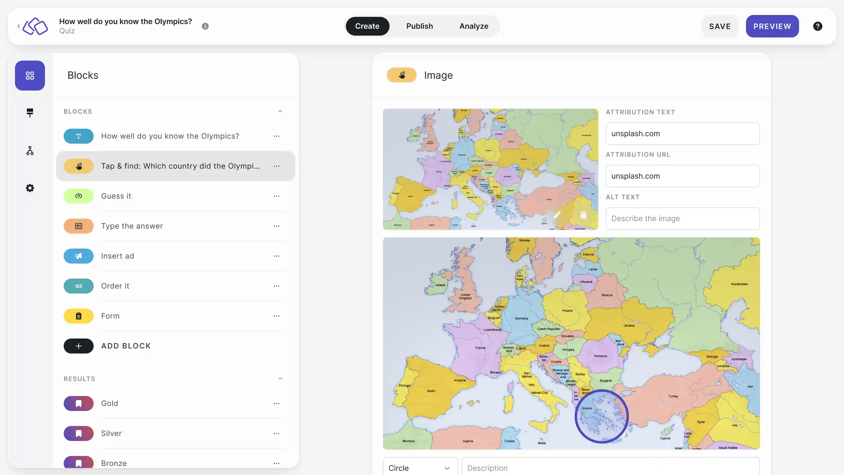 Interface showing a Sports Trivia Riddle being created