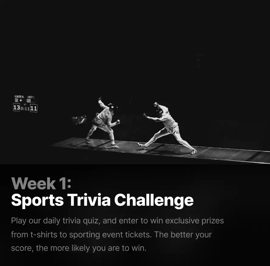 A cover page for a sports trivia quiz with an image of fencing and a Start button