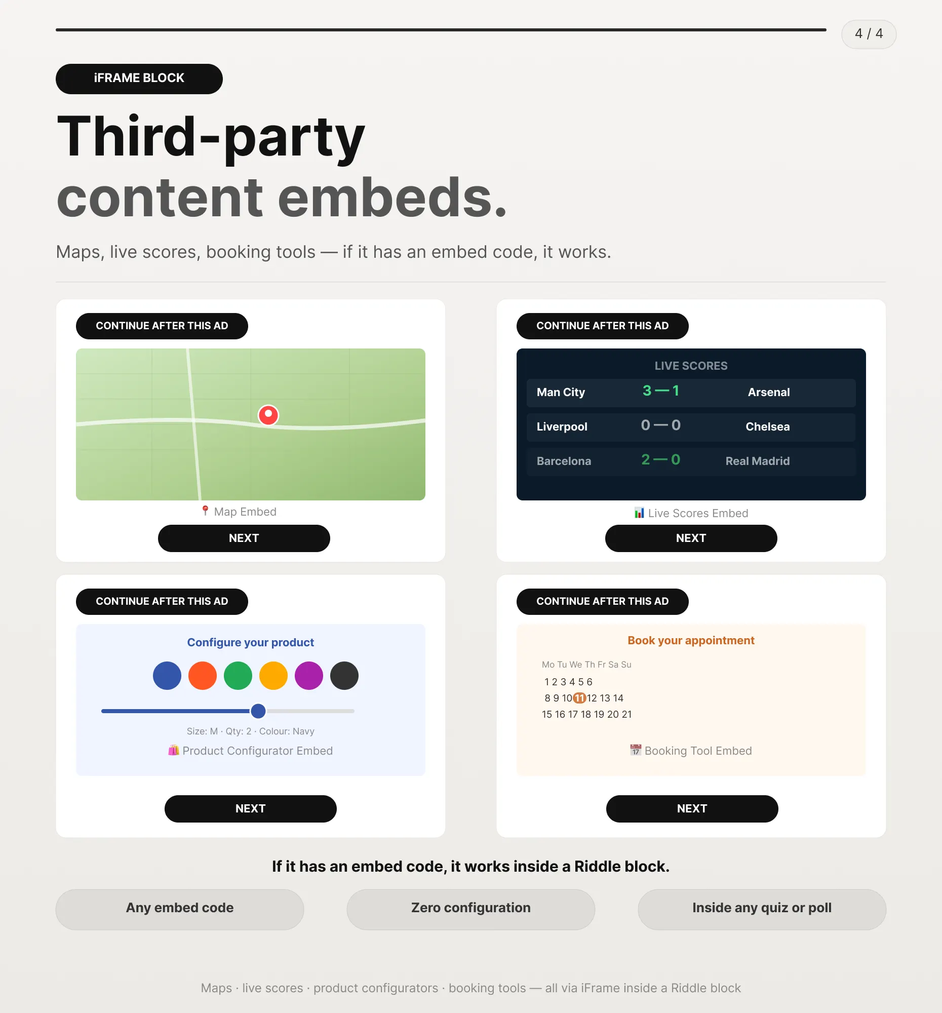 Ad / iFrame Block embedding a third-party tool, map, or widget inside a Quiz