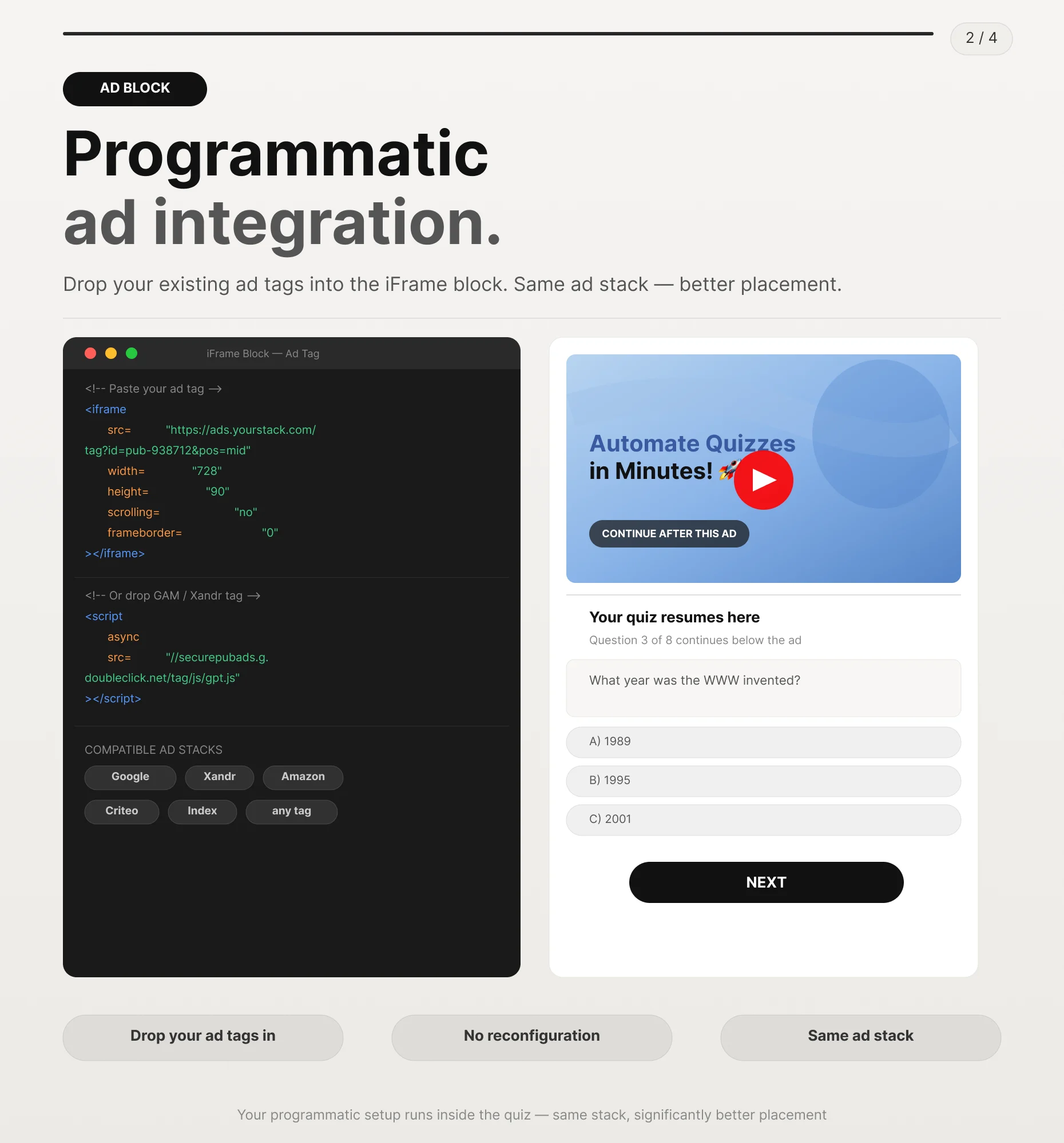 Programmatic ad tag pasted into the Ad / iFrame Block running inside a Riddle Quiz