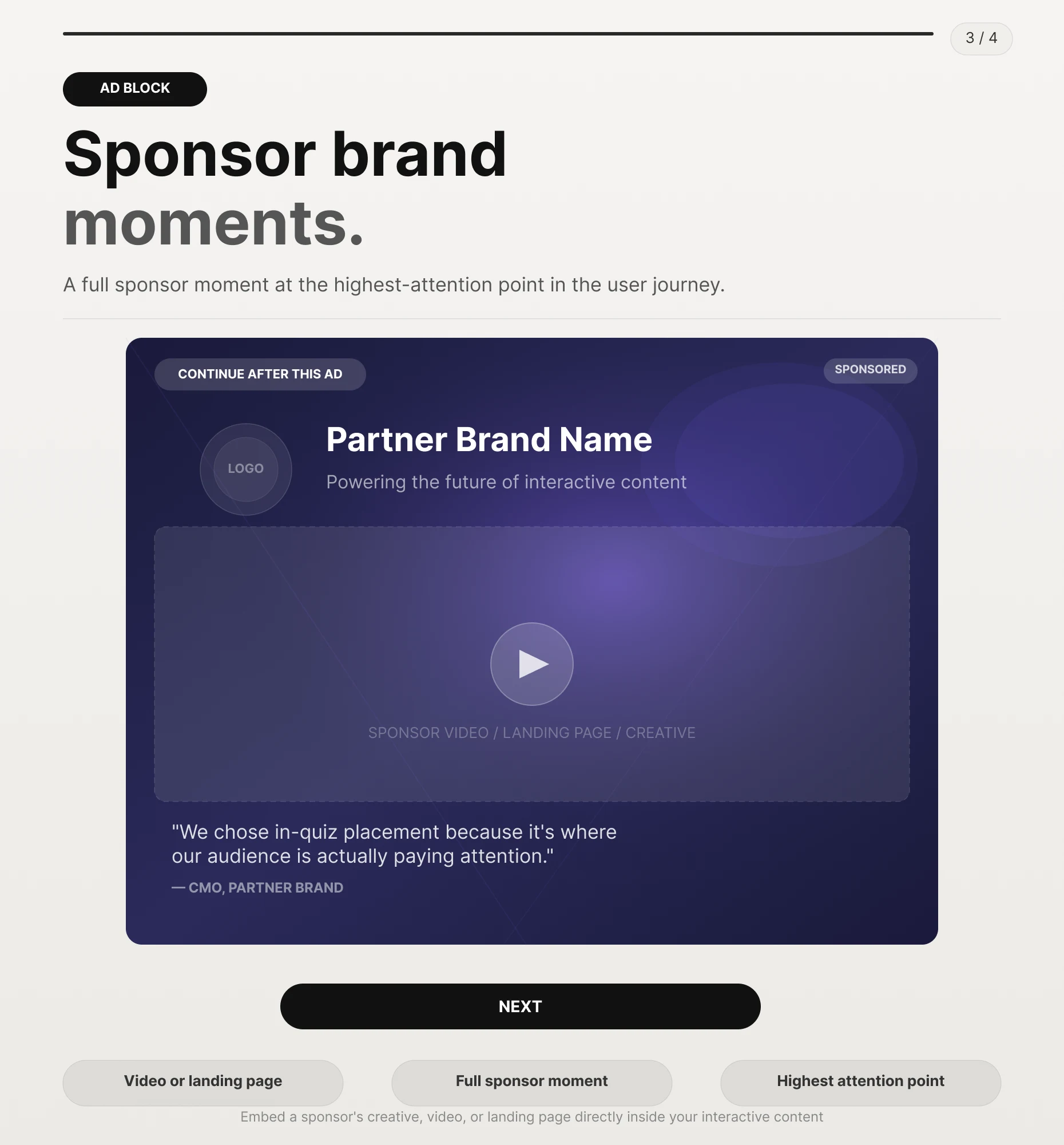 Sponsor creative and landing-page experience embedded via the Ad / iFrame Block in interactive content