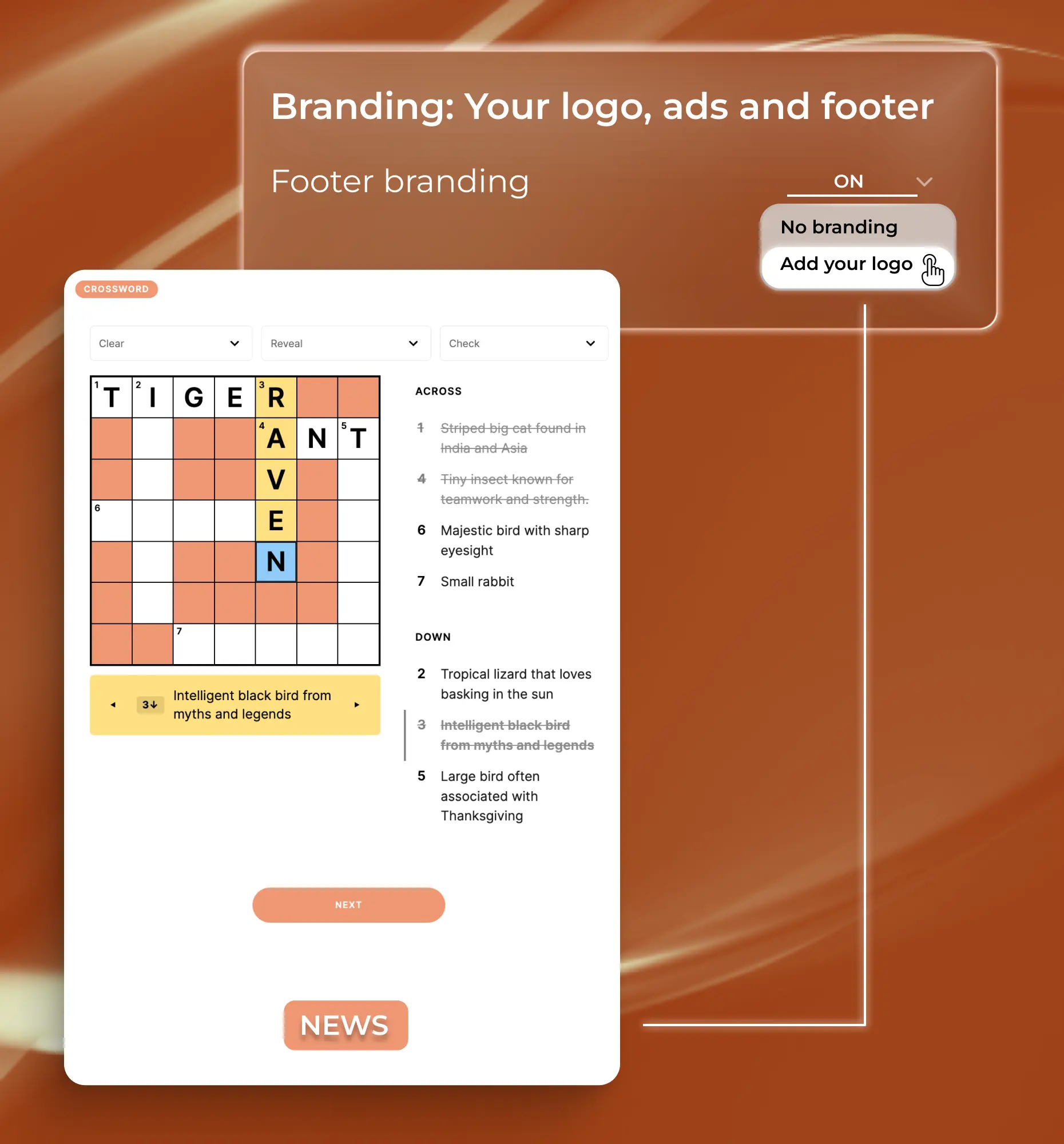 White-labeled Crossword puzzle with custom branding, logo, and colors