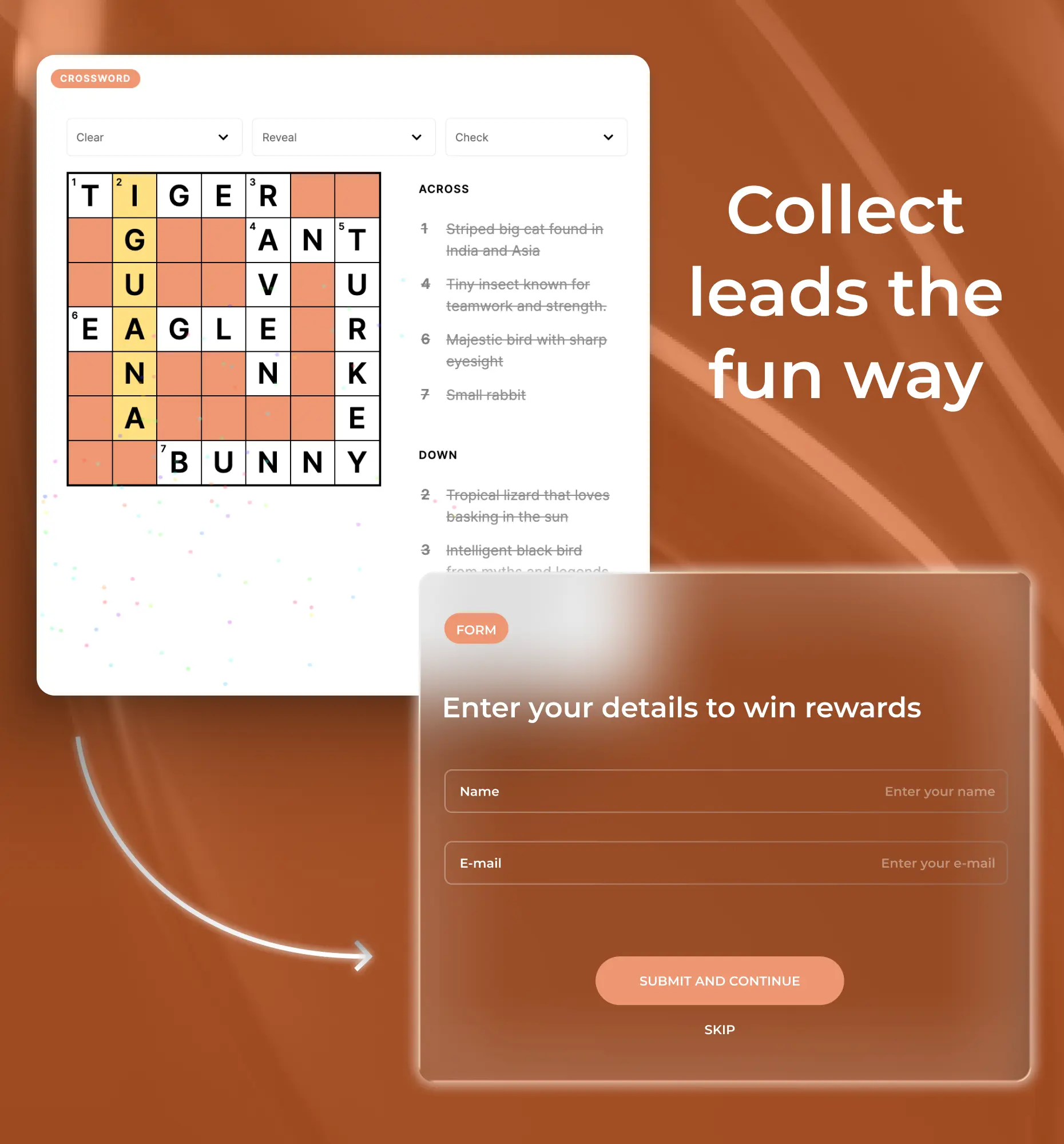 Crossword puzzle with lead capture opt-in form for email sign-ups