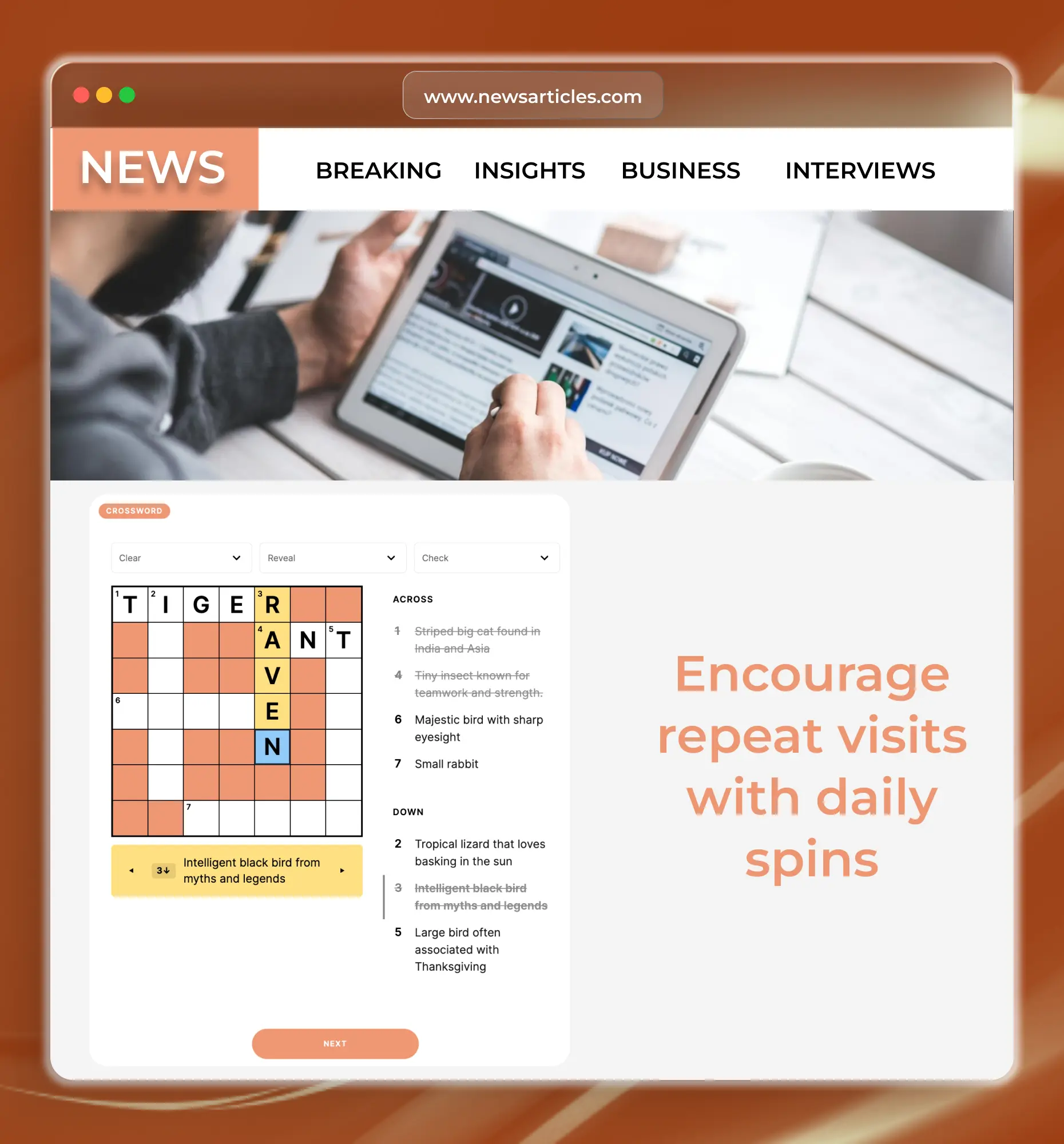Crossword puzzle embedded in an article to boost content engagement and time on site