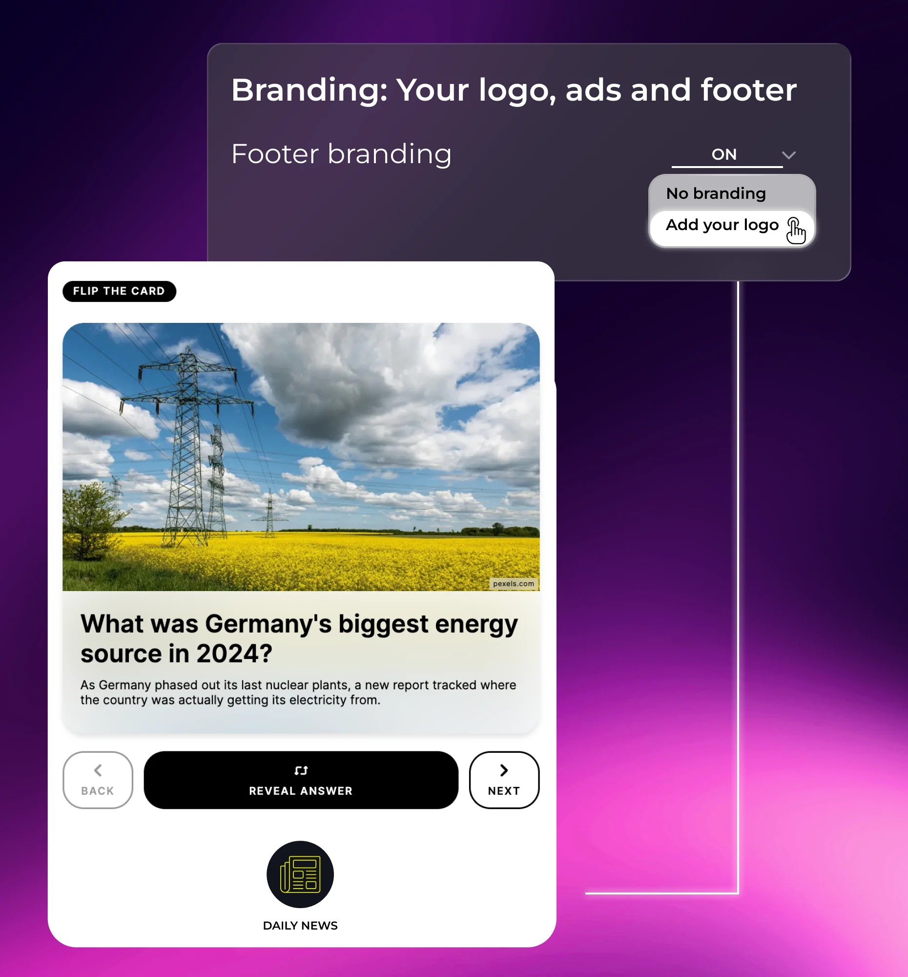 White-labeled branded Flashcards with custom logo, colors, and fonts