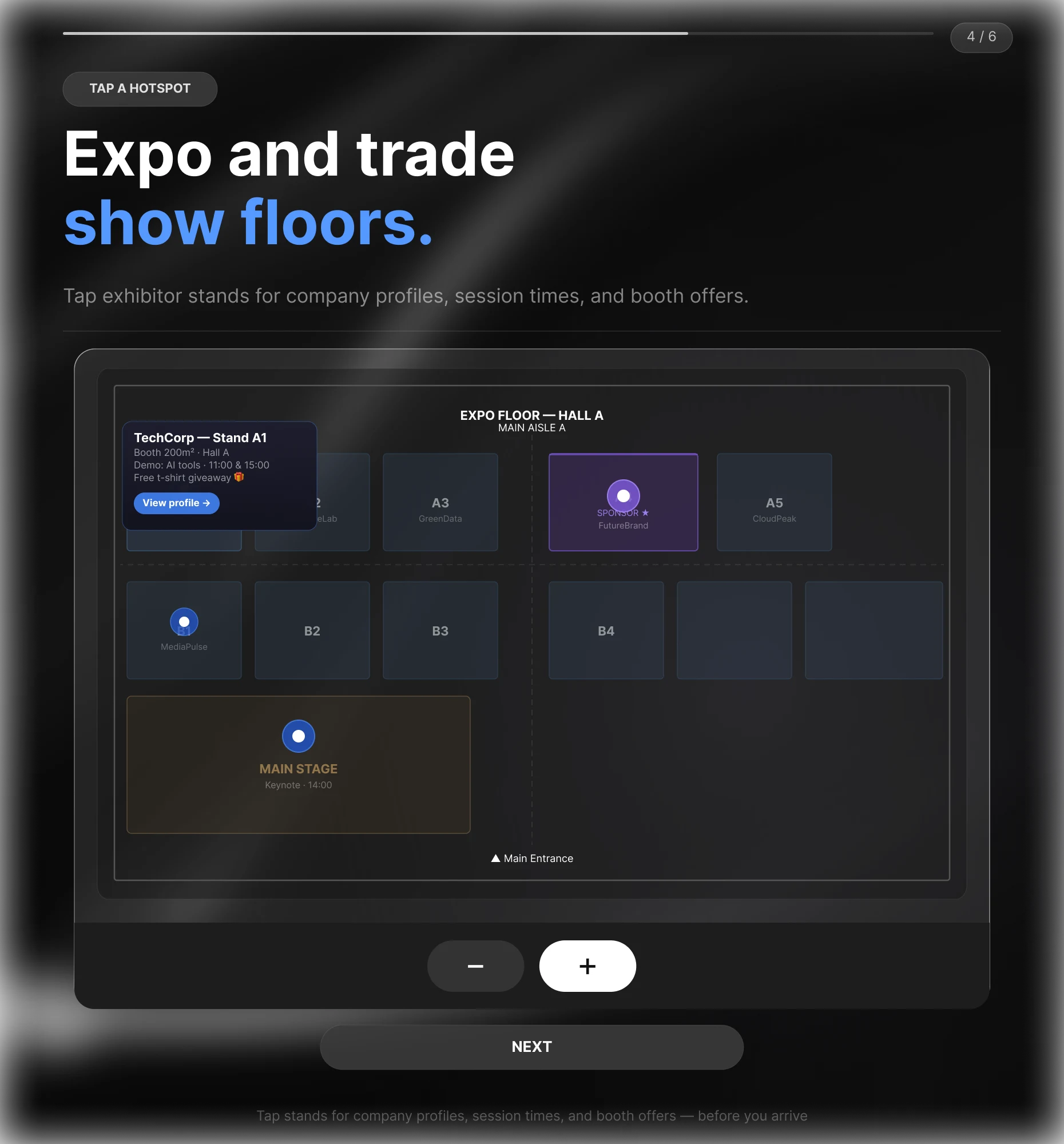 Interactive expo floor plan with tappable exhibitor stands and session details