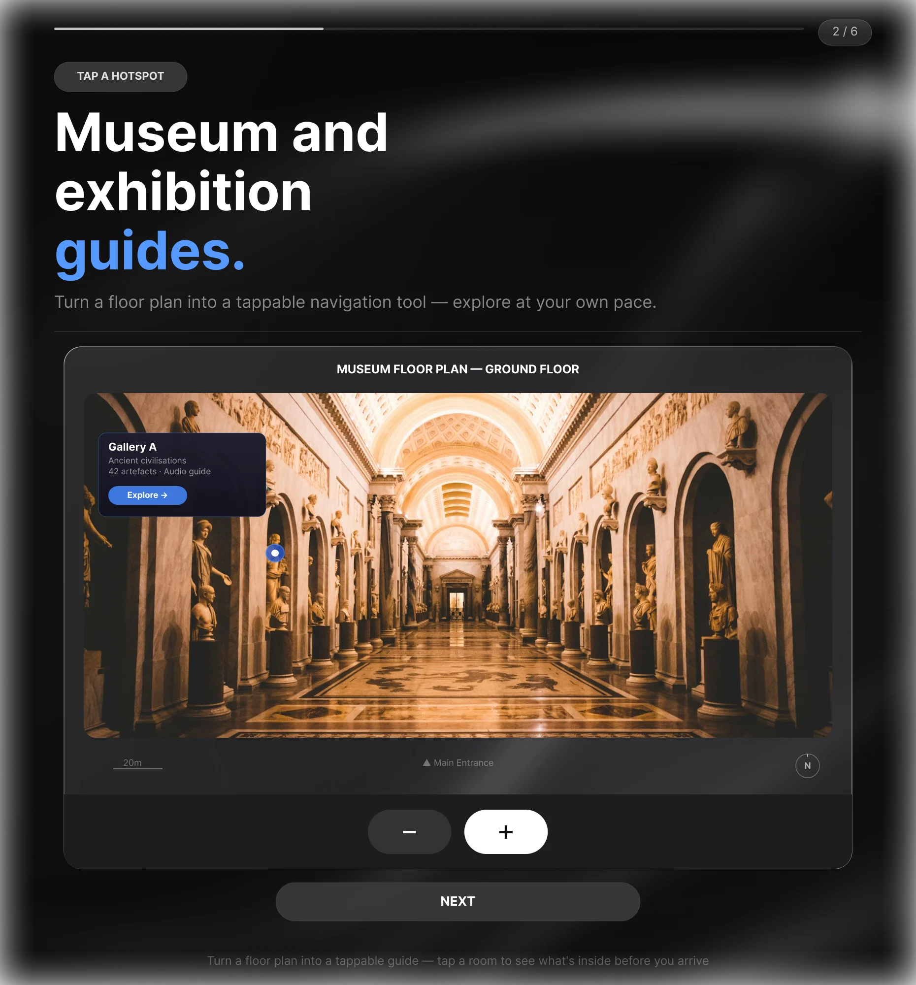 Interactive museum floor plan with tappable hotspots for rooms and exhibits