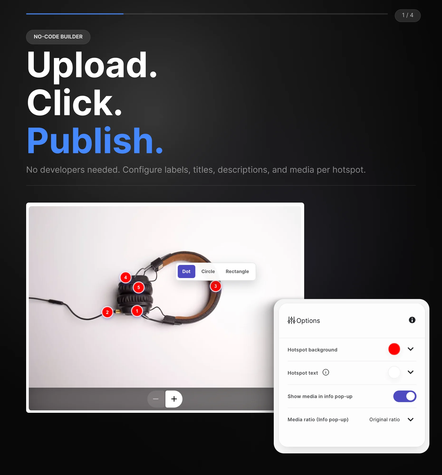 Riddle no-code builder placing clickable hotspots on an uploaded image