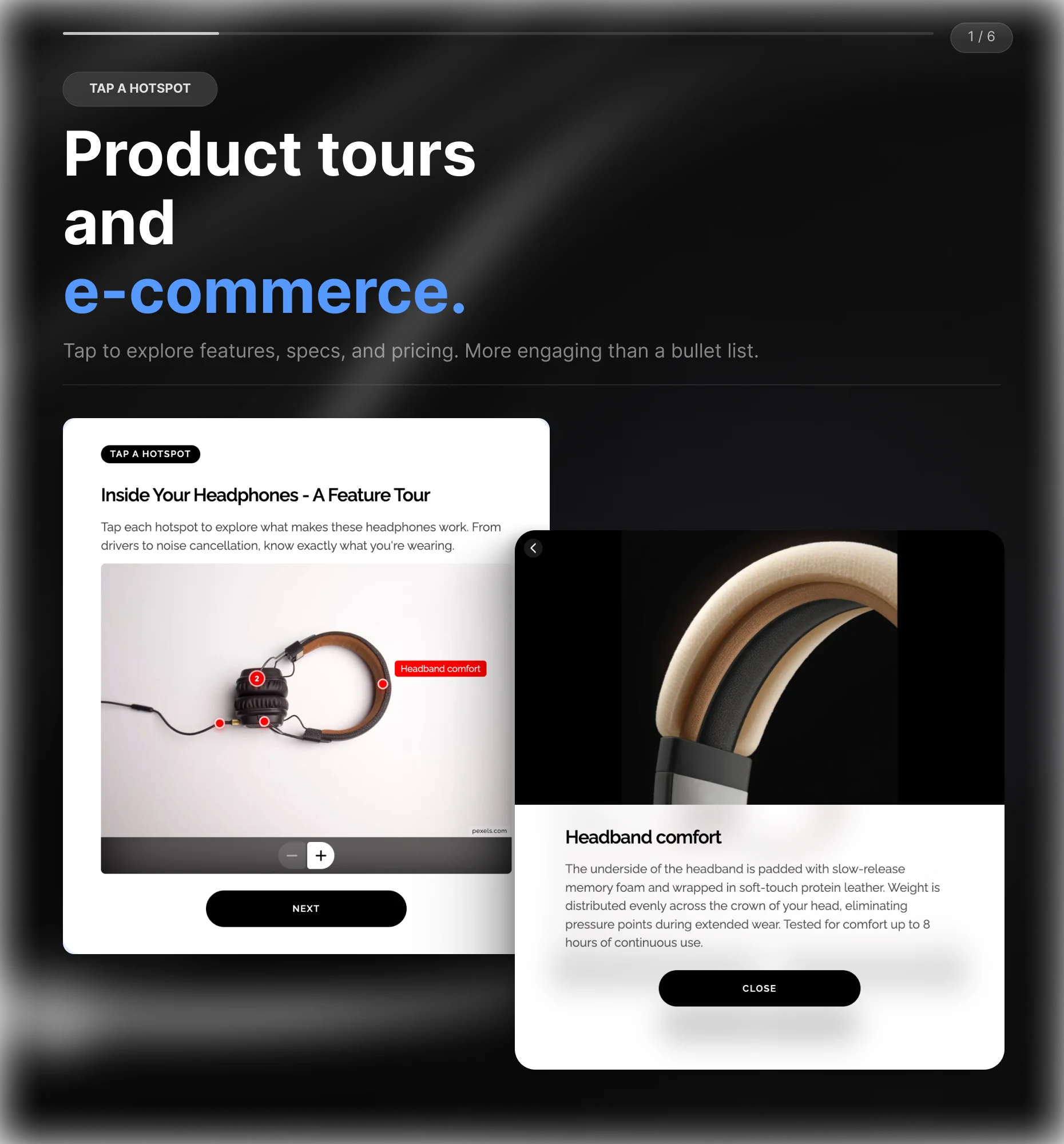 Interactive product image with clickable hotspots revealing features and specifications