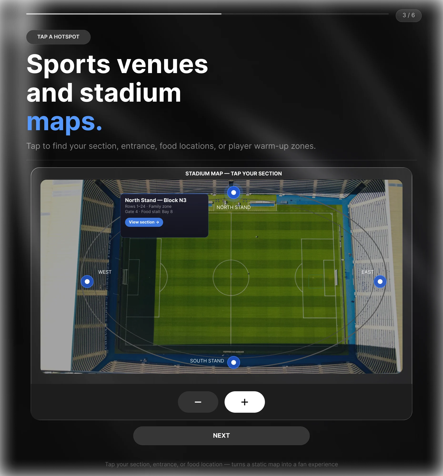 Interactive stadium map with hotspots for sections, entrances, and food locations