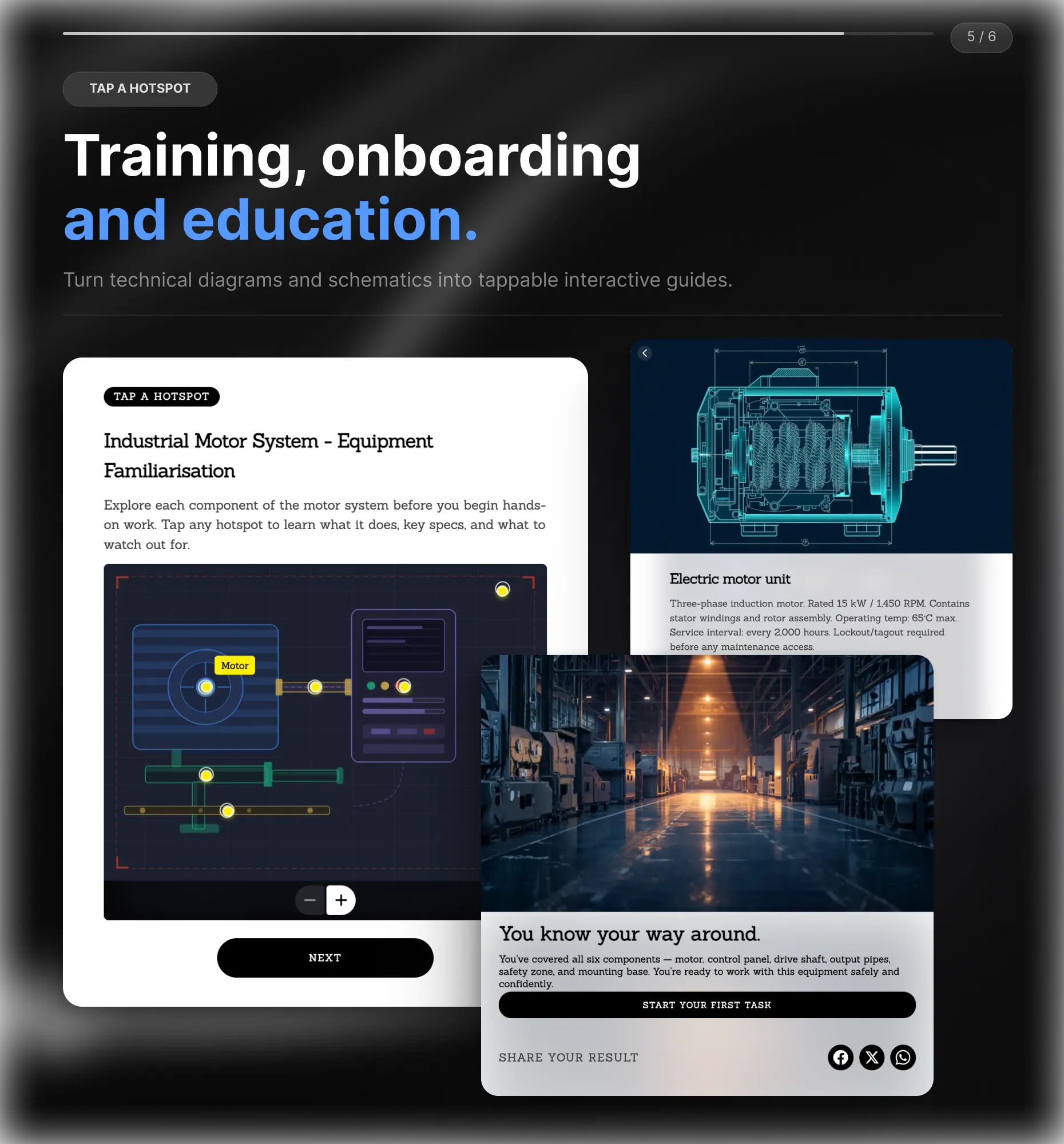 Interactive technical diagram with hotspots explaining components and safety steps